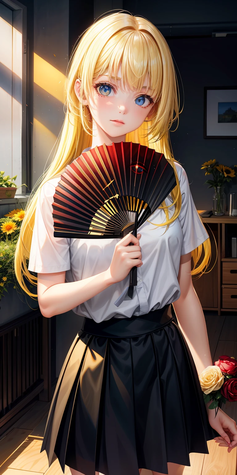 realisticlying,1girll,A yellow-haired,Black eyes,glowing light eyes,Take a fan,a skirt,parted lip,Be red in the face,the night,fresh flowers,suns,rays of sunshine,