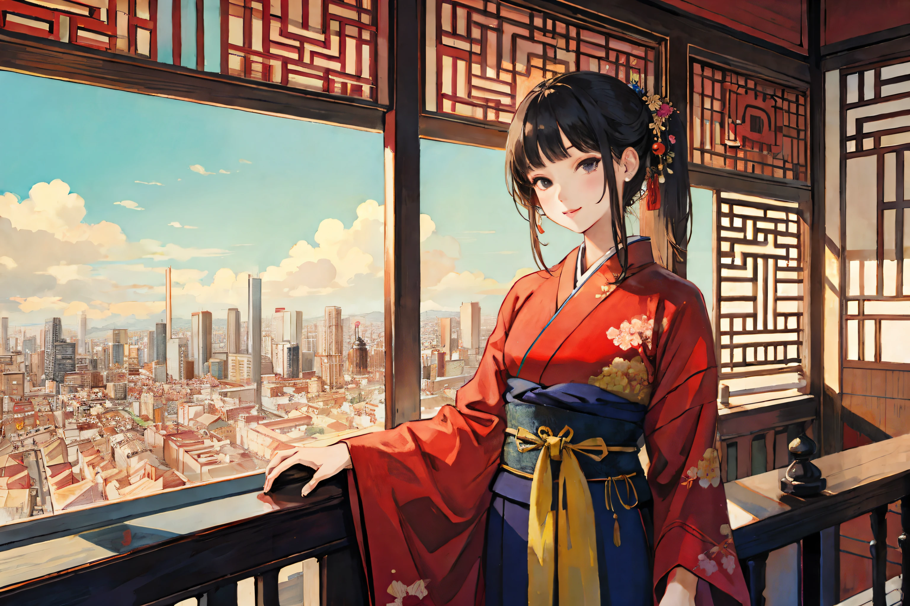 (best quality), girl,oriental detailed background, cityscape,