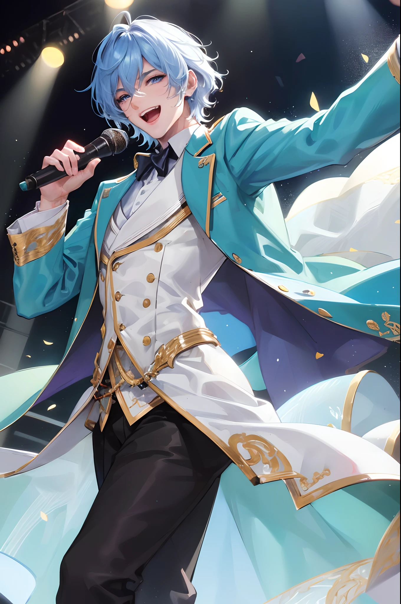 Official fine art,tmasterpiece,Sharp focus,Idol male singer,idoly,Stage costumes,be on stage,holding a mic,Delicate and beautiful hair and eyes and face,realisticlying,ultra - detailed,Big handsome guy,blue-sky,Glowing white particles,(side-lighting:1.2),Big stage,Slender,Cute figure,Toothy laughter,((Laugh and open your eyes)),Handsome short hair, sexy facial expression, Dynamic hair, glow blue eyes, (Handsome suit), paleskin,