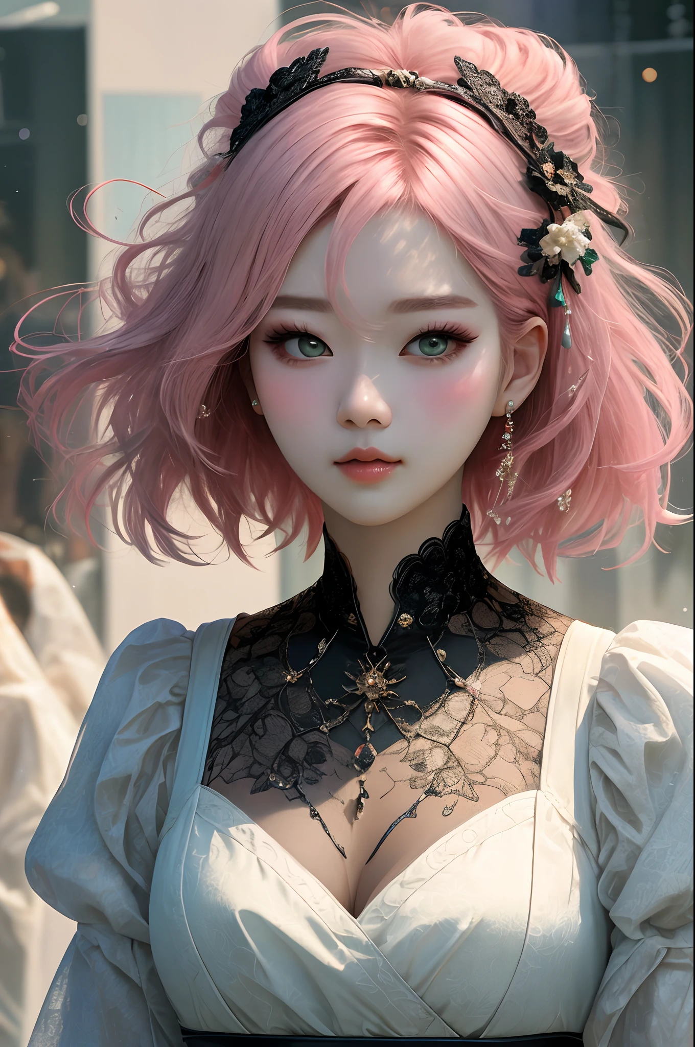 Unbeatable masterpiece,Perfect artwork,((Perfect female image)),short detailed hair,Pink hair,being thin,photorealestic,独奏,(fidelity:1.4),best qualtiy,超高分辨率,1girl,chinaware,Kpop ido,full bodyesbian,(C cup), Low neckline, big breasts beautiful, tmasterpiece, Best quality at best, very vey very detailed face, perfect litthing, 独奏, plain face, Best quality at best, 超高分辨率, (realisticlying:1.4), ultra - detailed, tmasterpiece, Best quality at best, ulzzang -6500-v1.1