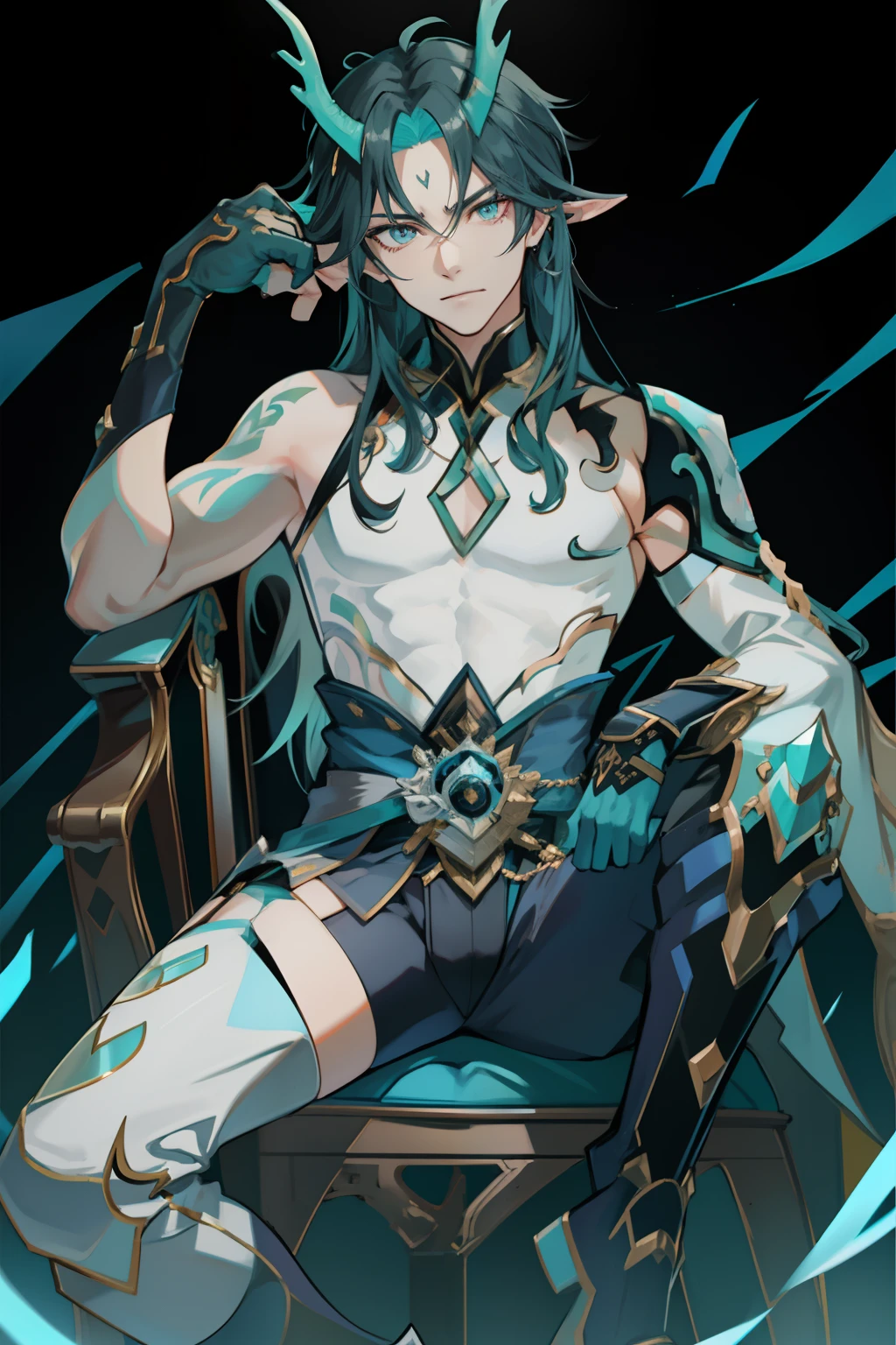 (absurderes,A high resolution,Hyper-detailing,hdr),Dragon's horn,younge boy,tmasterpiece,best qualtiy,1人,独奏,Handsome,Golden eyes,Fine eyes and detailed face,toppless,Tattooed with,arma,seated on a throne,pervert smirk,Abs,chest muscle,Raised sexy,Ruffian,Show your temperament,Male,masculine appeal,Male characteristics are distinct,Long messy hair,Arrogant self-confidence,Sitting majestically on the throne,Legs crossed,white pantie,supreme