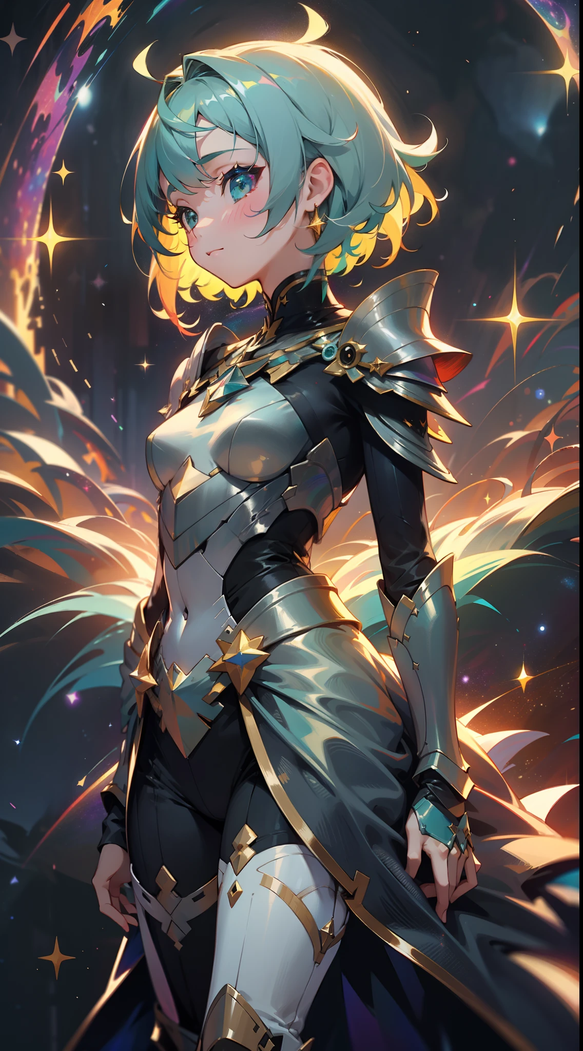 A girl with rainbow-colored hair and teal dress armor,Walk among the stars,rainbow colored cosmic nebula background,As estrelas,galaxias