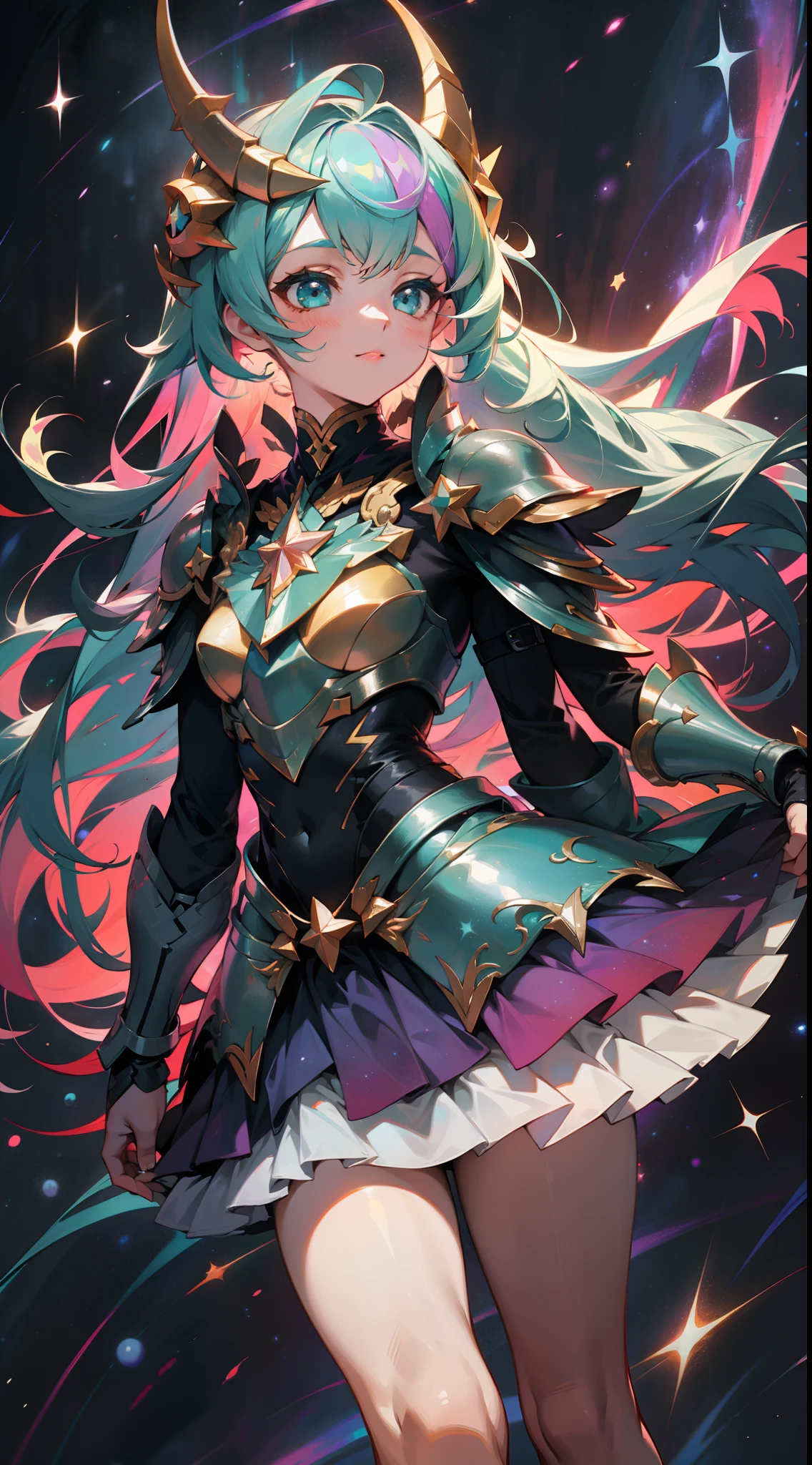 A girl with rainbow-colored hair and teal dress armor,Walk among the stars,rainbow colored cosmic nebula background,As estrelas,galaxias