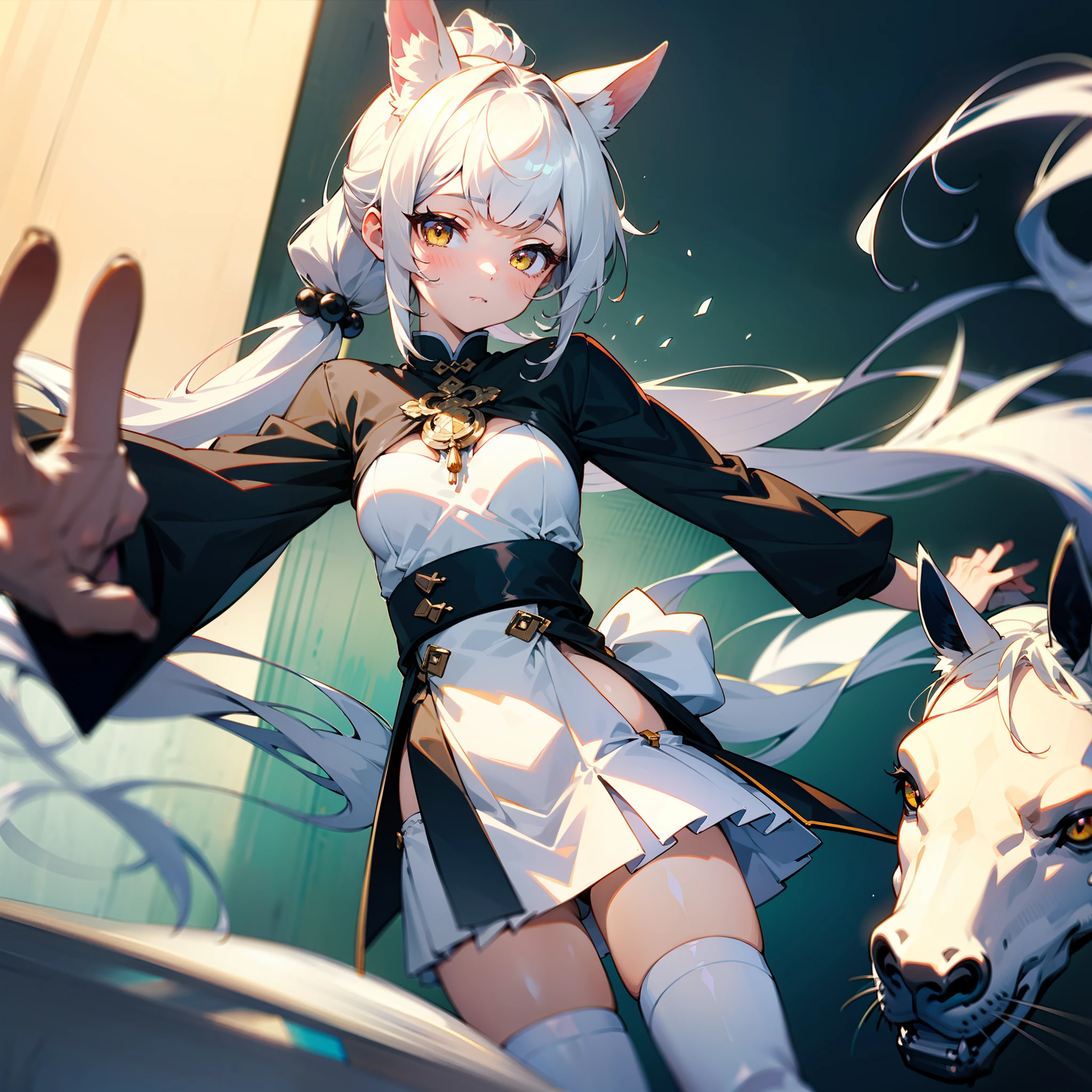 ((tmasterpiece)), Flat bangs,(美丽细致的眼睛), (1girll), looking at viewert, Long white hair,Single ponytail hair,Long white horse ears,Yellow eyes, medium boob,white stockings,Male focus,独奏