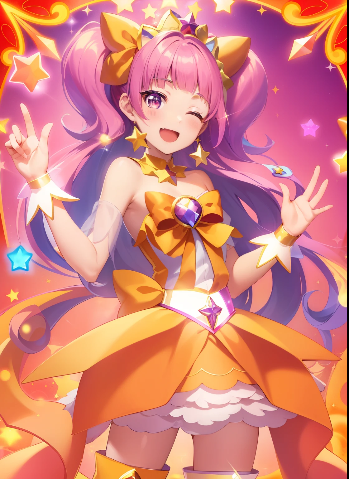 Cartoon image of a man in a dress with a star on his head, Official art, Sparkling Magical Boy, official artwork, Prince in anime, Bright Demon, hq artwork, fanart, Beautiful, Orange and yellow costume, An orange halo around his head, marin kitagawa fanart, Star Sparkle, Magical shiny skin, official anime artwork, Promotional Art