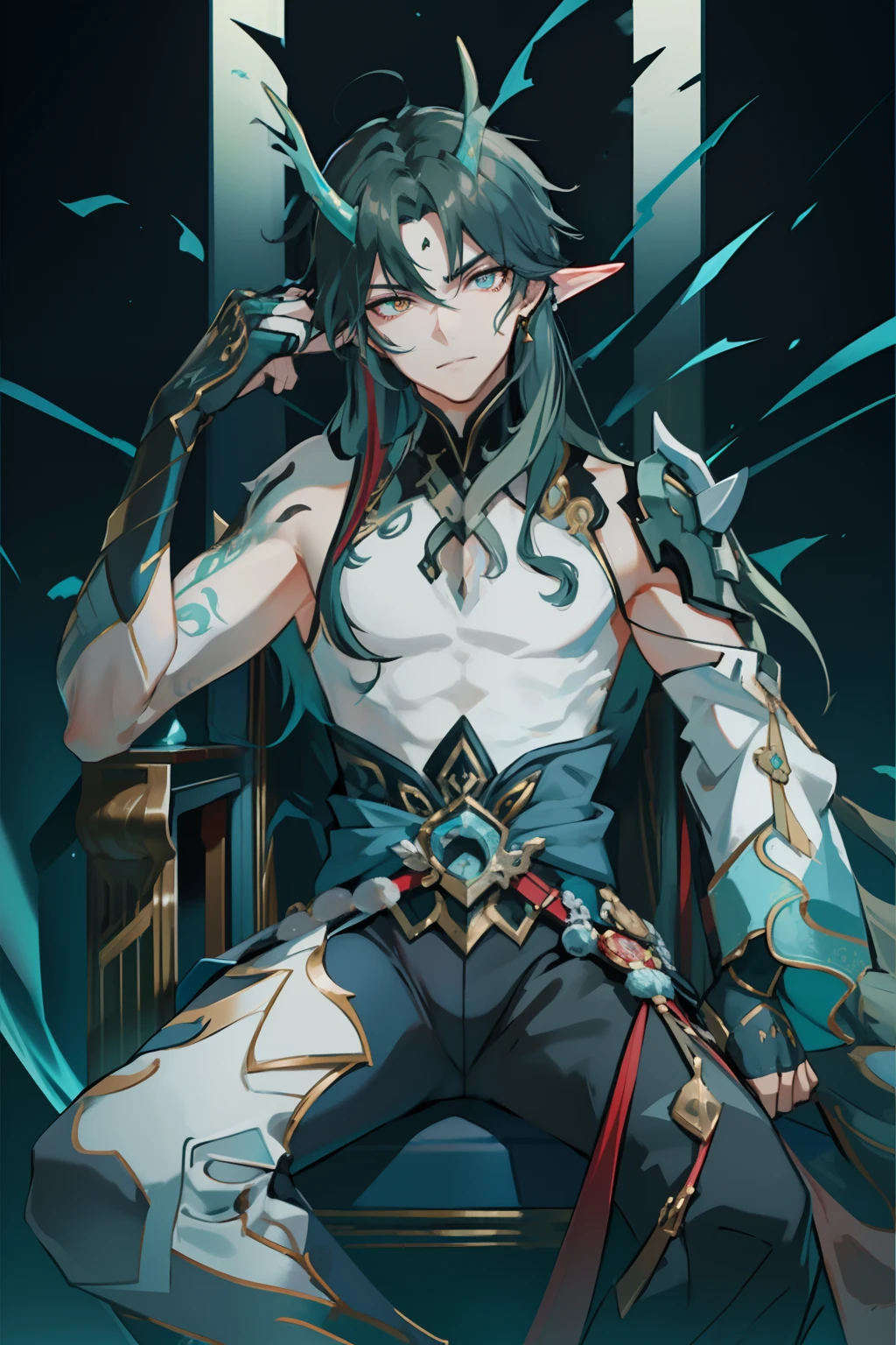 (absurderes,A high resolution,Hyper-detailing,hdr),Dragon's horn,younge boy,tmasterpiece,best qualtiy,1人,独奏,Handsome,Golden eyes,Fine eyes and detailed face,toppless,Tattooed with,arma,seated on a throne,pervert smirk,Abs,chest muscle,Raised sexy,Ruffian,Show your temperament,Male,masculine appeal,Male characteristics are distinct,Long messy hair,Arrogant self-confidence,Sitting majestically on the throne,Legs crossed,white pantie,supreme
