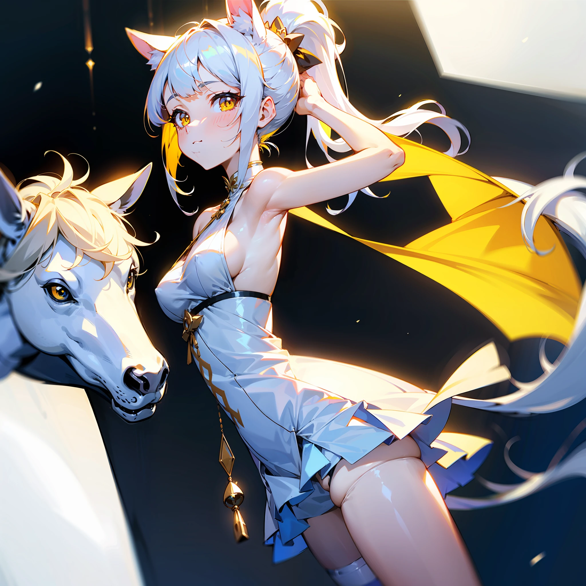 ((tmasterpiece)), Flat bangs,(美丽细致的眼睛), (1girll), looking at viewert, Long white hair,Single ponytail hair,Long white horse ears,Yellow eyes, medium boob,white stockings,Male focus,独奏