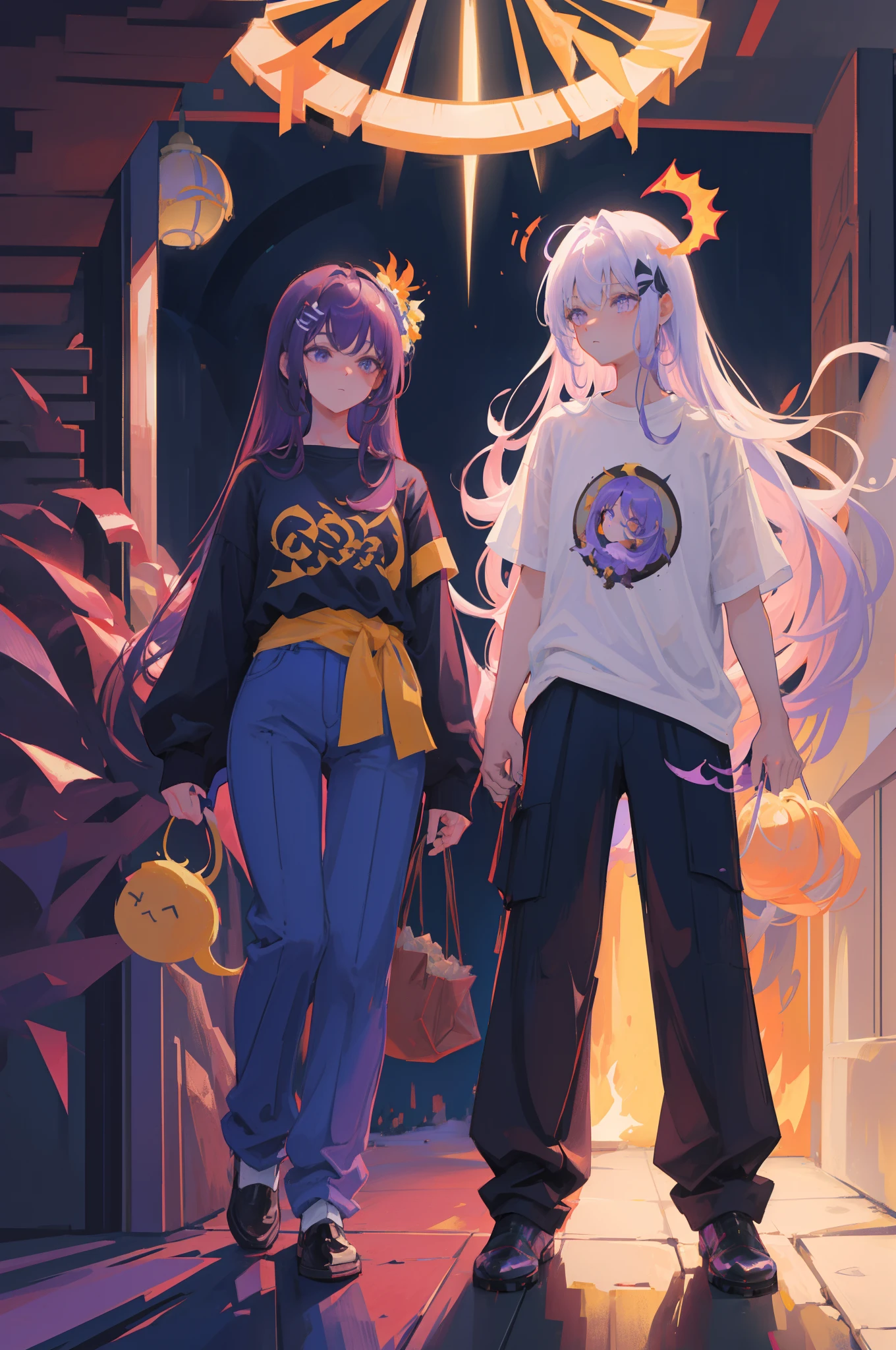 (2chicas) malvada elegante rodeada de hermosos y guapos fantasmas de vapor, ilustrador, obra maestra, alta calidad, 8k, high resolusion, alto detalle, cabello purpura, cabello rojo, pants with ventilation at the waist, T-shirt with purple flame print, Curvas, Caderas anchas, camiseta color negra, estilo de sombreado difuminado, pelo rapado, fondo de llamas, purple flames, corte de pelo corto trenzado, chica joven, pelo corto, proporciones perfectas, robot standing behind her, gothic, pelo extremadamente rosa, una de ellas tiene el cabello corto, cabello corto