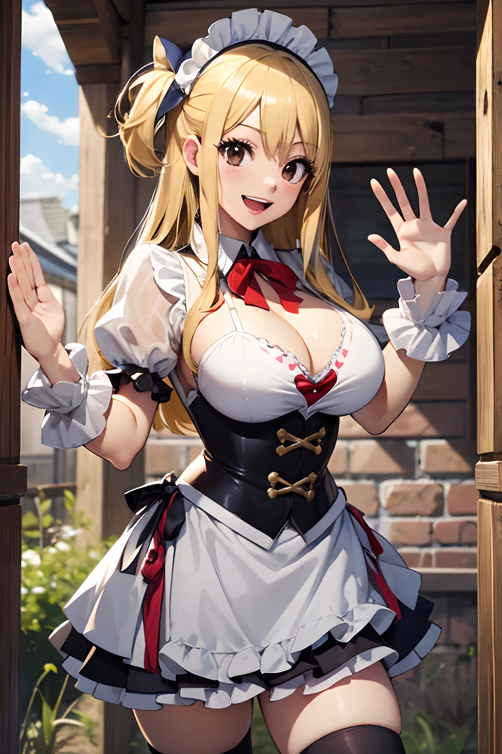 masterpiece, best quality, highres, lucy heartfilia, blonde hair, long hair, large breasts, maid outfit , cowboy shot, standing, looking at viewer, outdoors, waving, smile, open mouth,