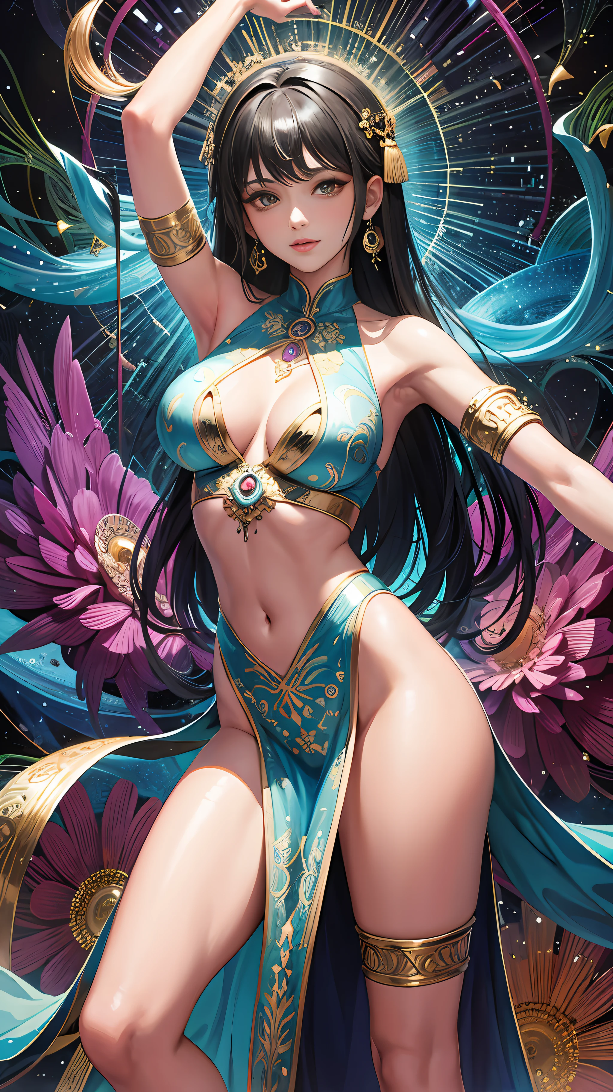Nilu（the original god），（tmasterpiece，top Quority，best qualtiy，offcial art，Beauty and aesthetics：1.2），（1girll：1.3），The is very detailed，（s fractal art：1.2），Extremely colorful，Most detailed，（zentangle：1.2），（dynamicposes） , (abstract backgrounds:1.5), (traditionalcostumes:1.2), (shiny skins), (many color:1.4), full bodyesbian，Large bust，see-through transparent clothes，Zen dance