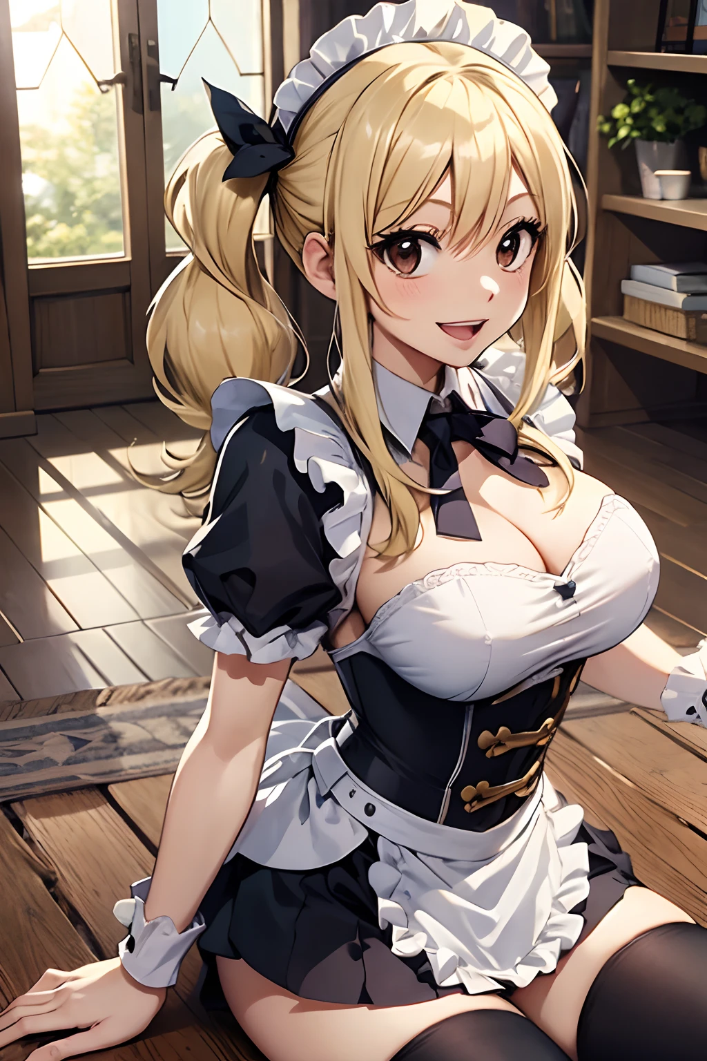 asterpiece, best quality, highres, lucy heartfilia, blonde hair, twintails, large breasts, black thighhighs, maid outfit , cowboy shot, indoors, sitting, reaching out, smile, open mouth,