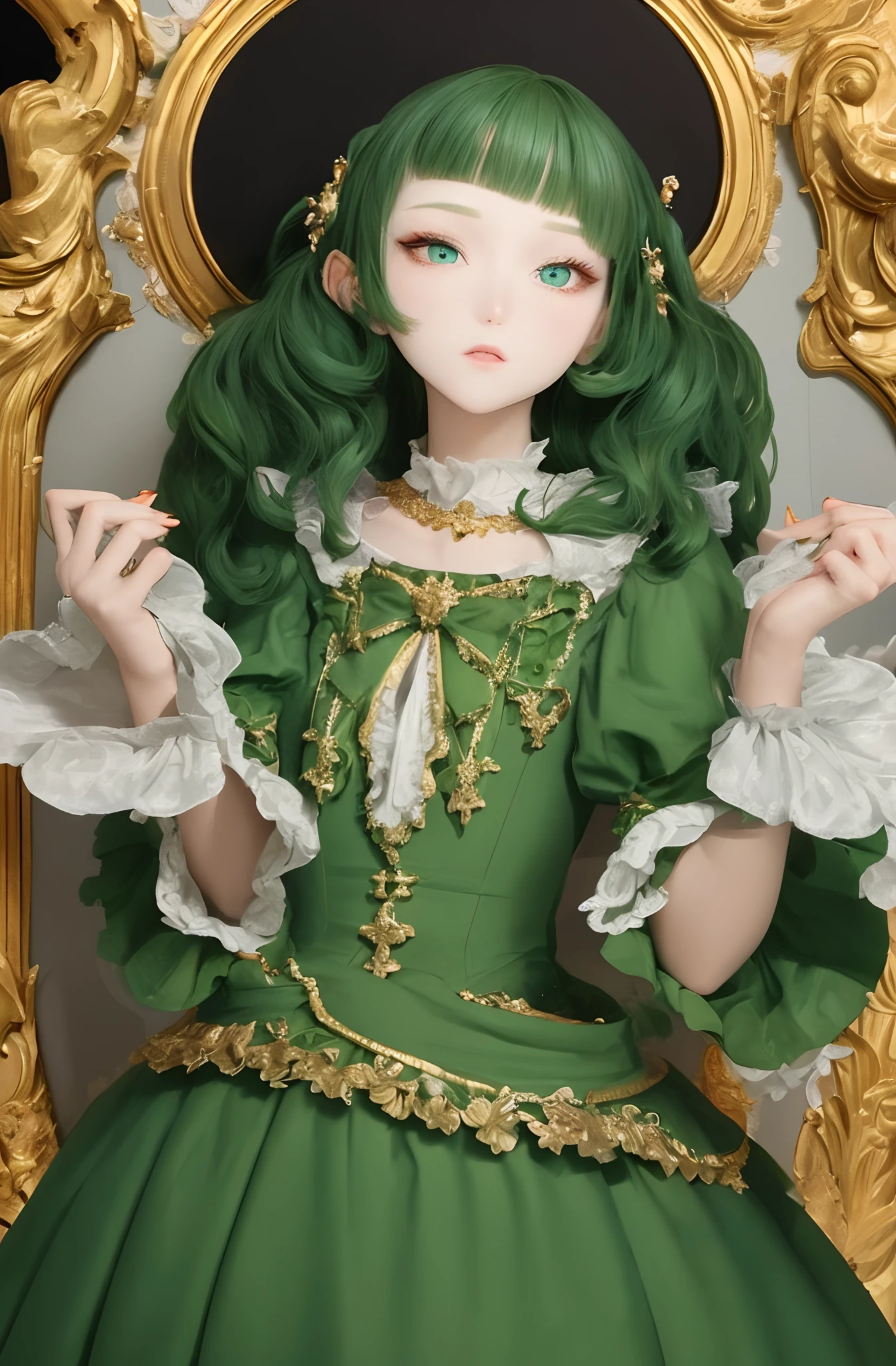 Green-eyed girl in green rococo style dress