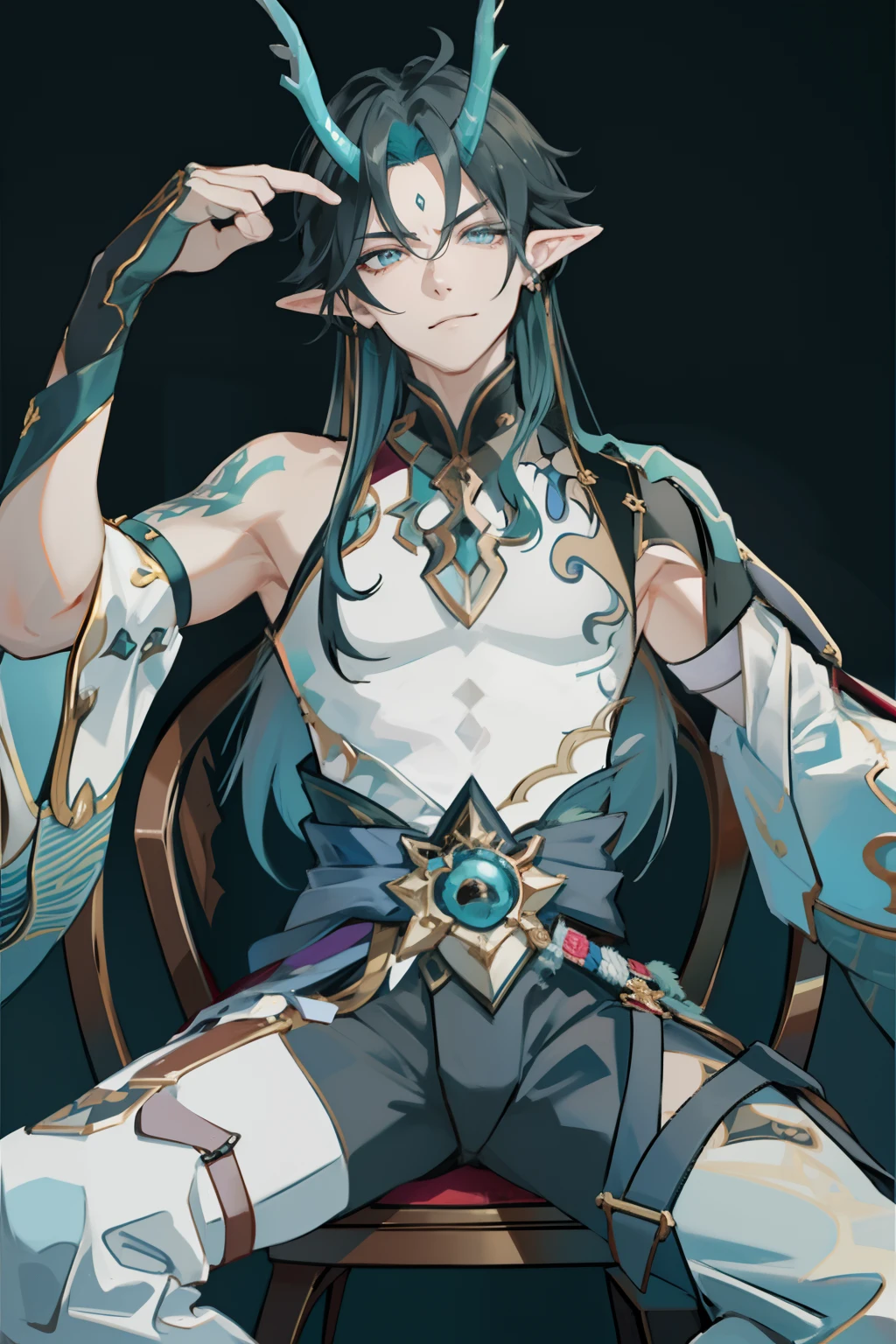 (absurderes,A high resolution,Hyper-detailing,hdr),Dragon's horn,younge boy,tmasterpiece,best qualtiy,1人,独奏,Handsome,Golden eyes,Fine eyes and detailed face,toppless,Tattooed with,arma,seated on a throne,pervert smirk,Abs,chest muscle,Raised sexy,Ruffian,Show your temperament,Male,masculine appeal,Male characteristics are distinct,Long messy hair,Arrogant self-confidence,Sitting majestically on the throne,Legs crossed,white pantie,supreme