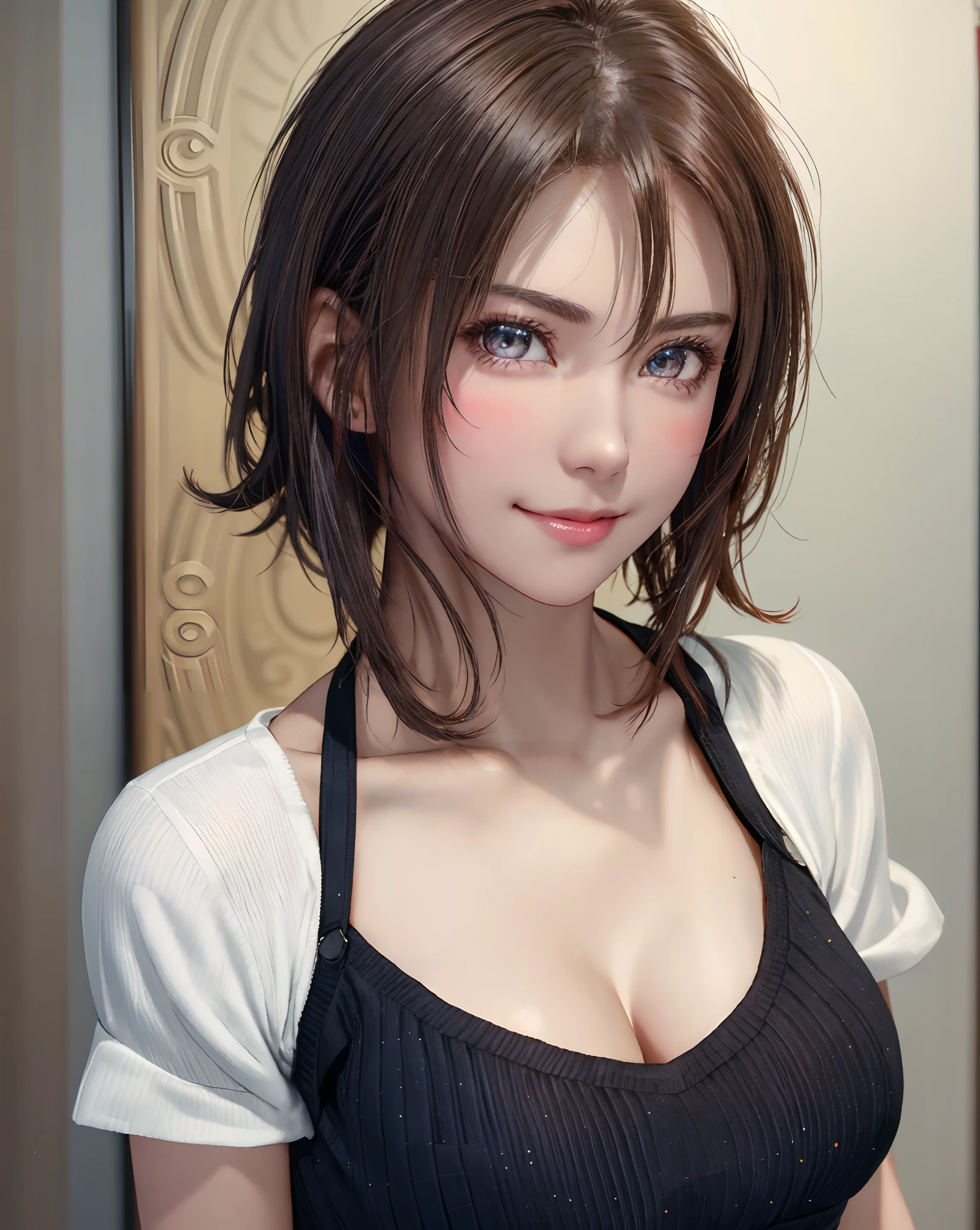 Best Quality, Ultra High Resolution, (Photorealistic: 1.4), Beautiful Eyes, Super Beautiful, Very Short Hair, Beautiful, Sweetheart, T-shirt with Rough Chest, Beautiful Soldier, Eyes That Invite Viewer, Lover's Perspective, Inviting Expression, Sexy Smile, Perfect Style, Perfect Balance, Detailed Skin, Naughty Gaze, Chest Visible