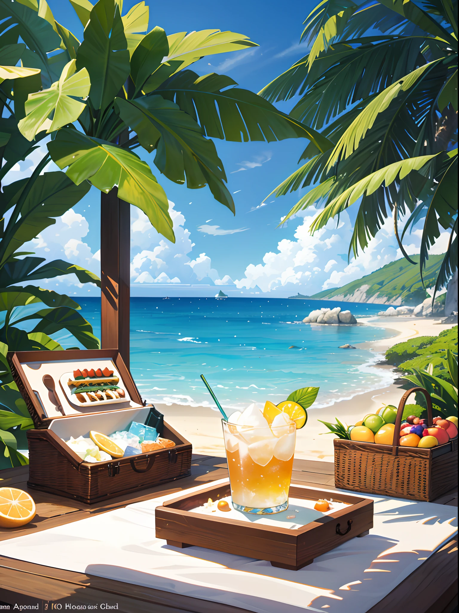 Using the right hand, macro photography depicts picnic scenes themed around a tropical beach holiday in summer. The protagonist of this photo is a cool glass filled with iced carbonated drinks. The lens focuses on glasses, fruit, dazzling midday sun, fisheye lenses, distant views, a hearty meal, (splashed liquid: 1.6), ice, (picnic scene: 0.5) (cute dessert: 0.4), dripping. It's filled with carbonated drinks, translucent liquid, daytime outdoor lights (beach 1.5), tropical plants, hot weather, HD detail, wet watermark, hyperdetail, cinematic, surrealism, soft light, deep field focus bokeh, ray tracing, diffuse (ultra-fine glass reflection), and surrealism.