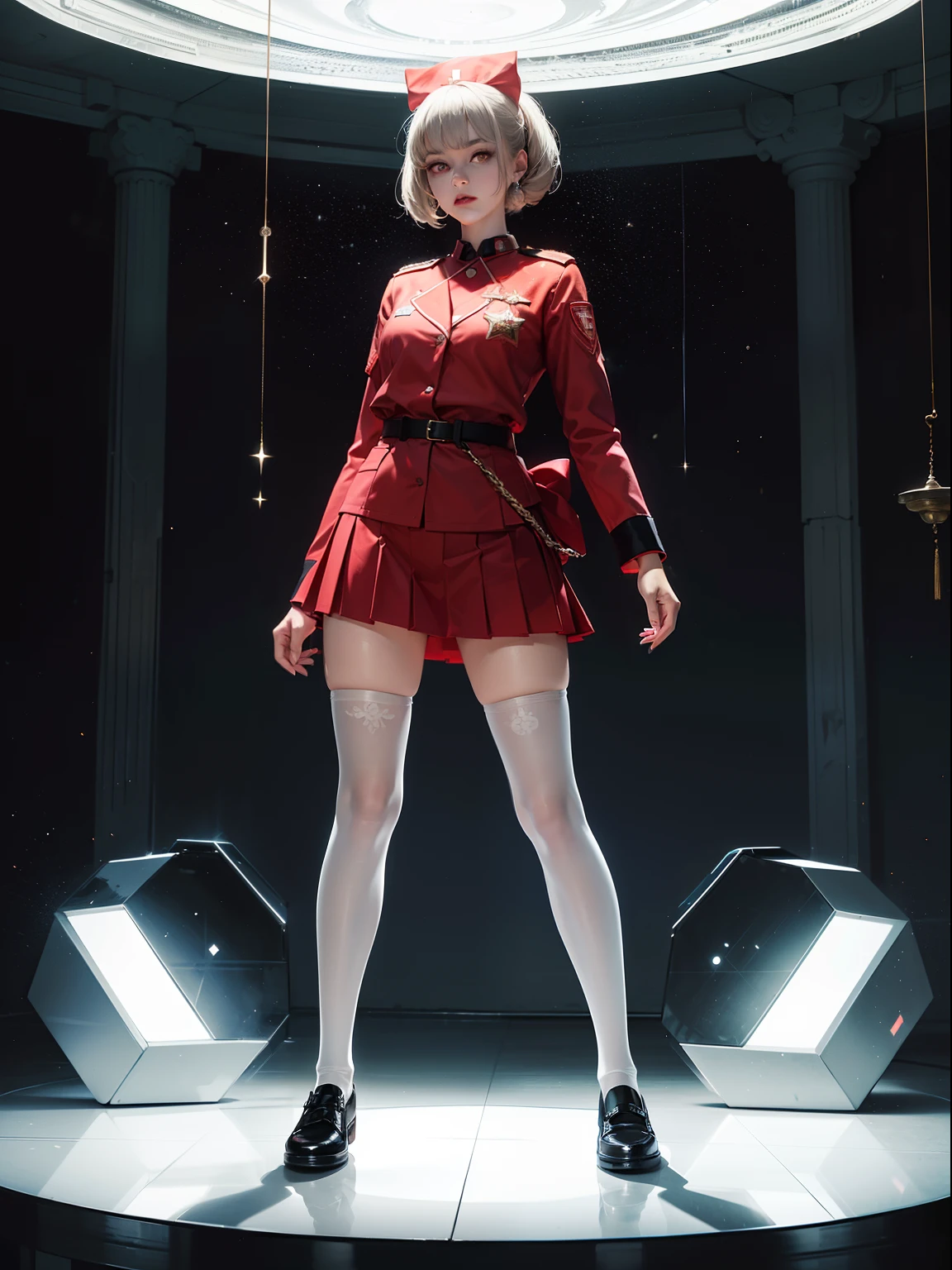 (full body:1.5),(1girl:1.3),(looking at viewer:1.4),(anatomy correct:1.3),(Wearing Soviet Red Army style nurse suit JK uniform printed Ultra short pleated skirt and JK uniform leather shoes with bow decoration ,and Very thick Printed ta Pantyhose :1.35), (Light particle effect:1.3),(In pink | amarelo | blue colors| green color |red colors | white colors| black in color| purpleish color| greys| Beige| Flesh color 1.4),(Glowing eyes:1.3),(Large amplitude action: 1.3),(Accurate and perfect face:1.4),(Clothing Gloss:1.25),(Skin reflection:1.25),hyper HD, Ray traching, reflective light,structurally correct, Award-Awarded, high detal, lightand shade contrast, Face lighting,cinmatic lighting, tmasterpiece, super detailing, high high quality, high detal, best qualityer, 16k,high contrast,
