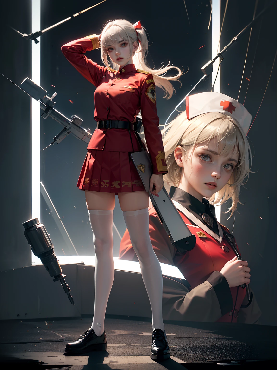 (full body:1.5),(1girl:1.3),(looking at viewer:1.4),(??????? correct:1.3),(Wearing Soviet Red Army style nurse suit JK uniform printed Ultra short pleated skirt and JK uniform leather shoes with bow decoration ,and Very thick Printed Lolita Pantyhose :1.35), (Light particle effect:1.3),(In pink | amarelo | blue colors| green color |red colors | white colors| black in color| purpleish color| greys| Beige| Flesh color 1.4),(Glowing eyes:1.3),(Large amplitude action: 1.3),(Accurate and perfect face:1.4),(Clothing Gloss:1.25),(Skin reflection:1.25),hyper HD, Ray traching, reflective light,structurally correct, Award-Awarded, high detal, lightand shade contrast, Face lighting,cinmatic lighting, tmasterpiece, super detailing, high high quality, high detal, best qualityer, 16k,high contrast,