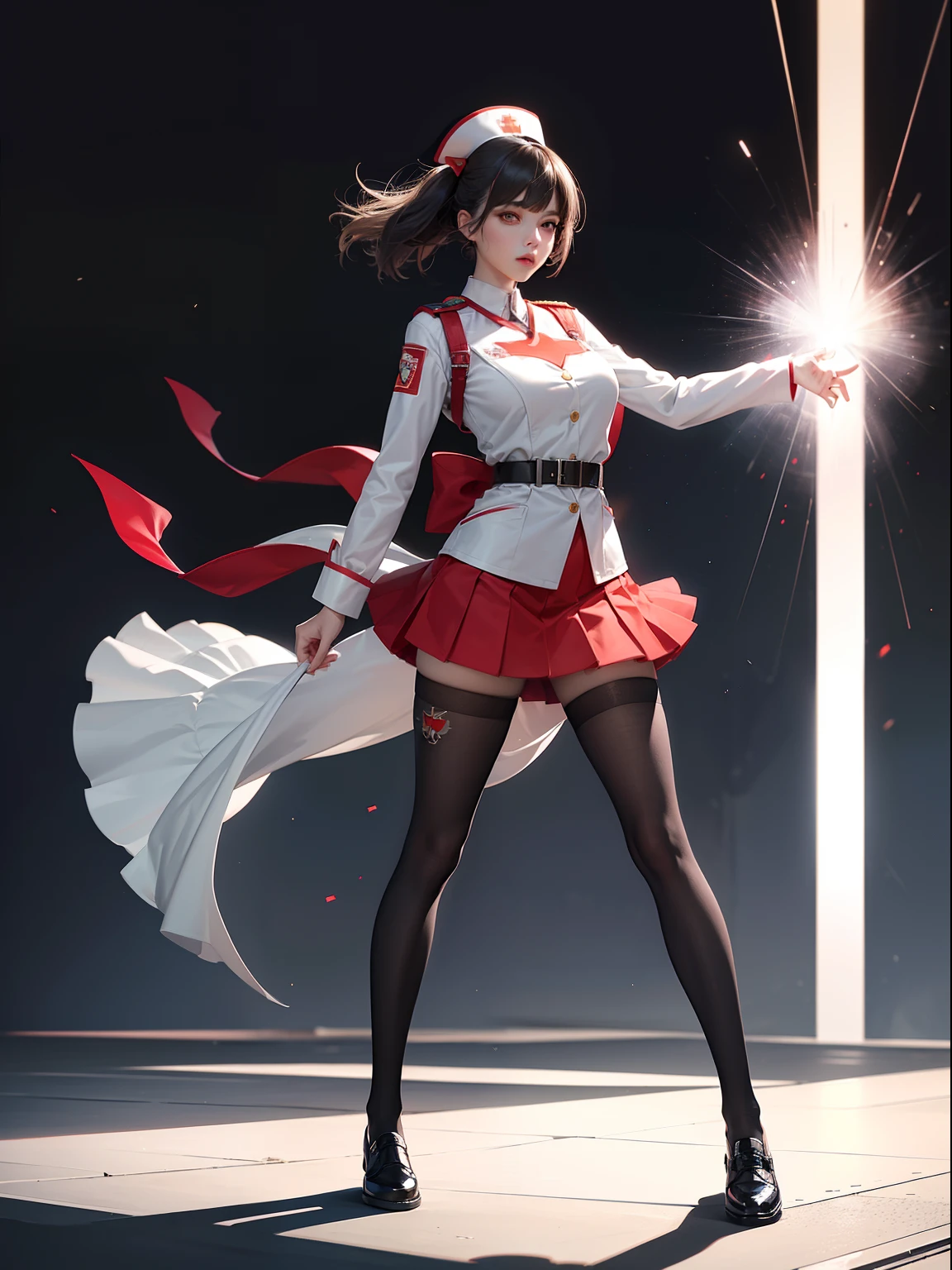 (full body:1.5),(1girl:1.3),(looking at viewer:1.4),(??????? correct:1.3),(Wearing Soviet Red Army style nurse suit JK uniform printed Ultra short pleated skirt and JK uniform leather shoes with bow decoration ,and Very thick Printed Lolita Pantyhose :1.35), (Light particle effect:1.3),(In pink | amarelo | blue colors| green color |red colors | white colors| black in color| purpleish color| greys| Beige| Flesh color 1.4),(Glowing eyes:1.3),(Large amplitude action: 1.3),(Accurate and perfect face:1.4),(Clothing Gloss:1.25),(Skin reflection:1.25),hyper HD, Ray traching, reflective light,structurally correct, Award-Awarded, high detal, lightand shade contrast, Face lighting,cinmatic lighting, tmasterpiece, super detailing, high high quality, high detal, best qualityer, 16k,high contrast,
