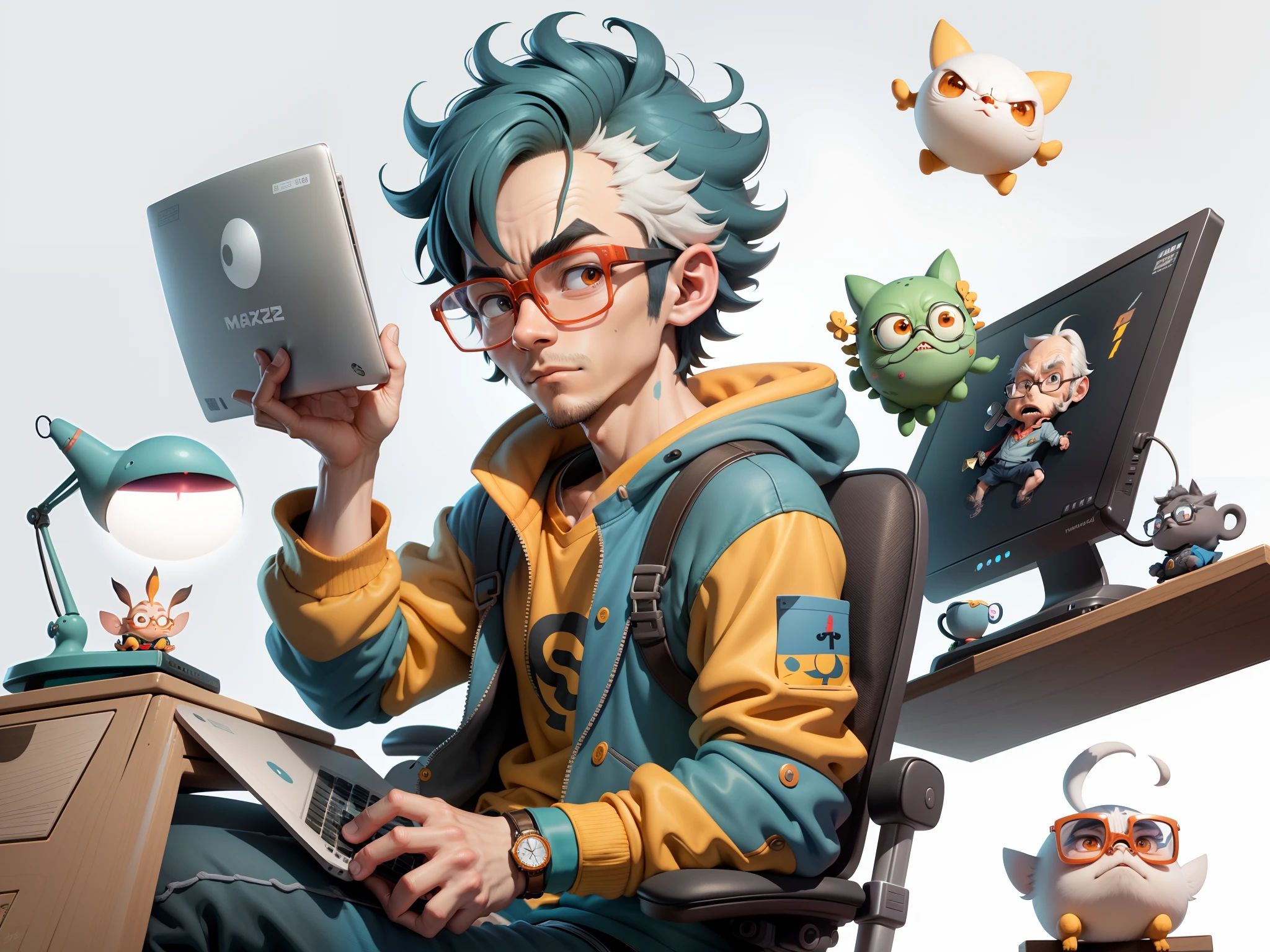 A young man with glasses sits at his desk,holding laptop,digitial painting,3D character design by Mark Clairen and Pixar and Hayao Miyazaki and Akira Toriyama,4K HD illustration,Very detailed facial features and cartoon-style visuals。