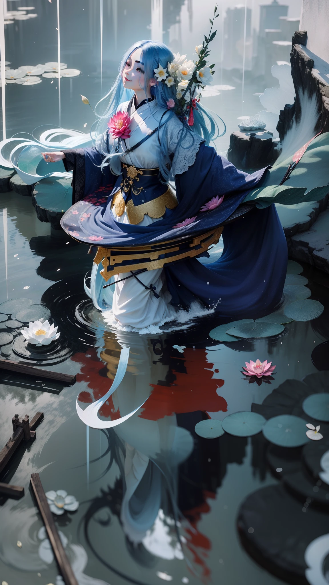 ((4k,masterpiece,best quality)), shuimobysim, traditional chinese ink painting, lotus, hanfu, maxiskit, dress conservatively 1girl, solo, long blue hair, smile, standing, feet in the water, barefoot,