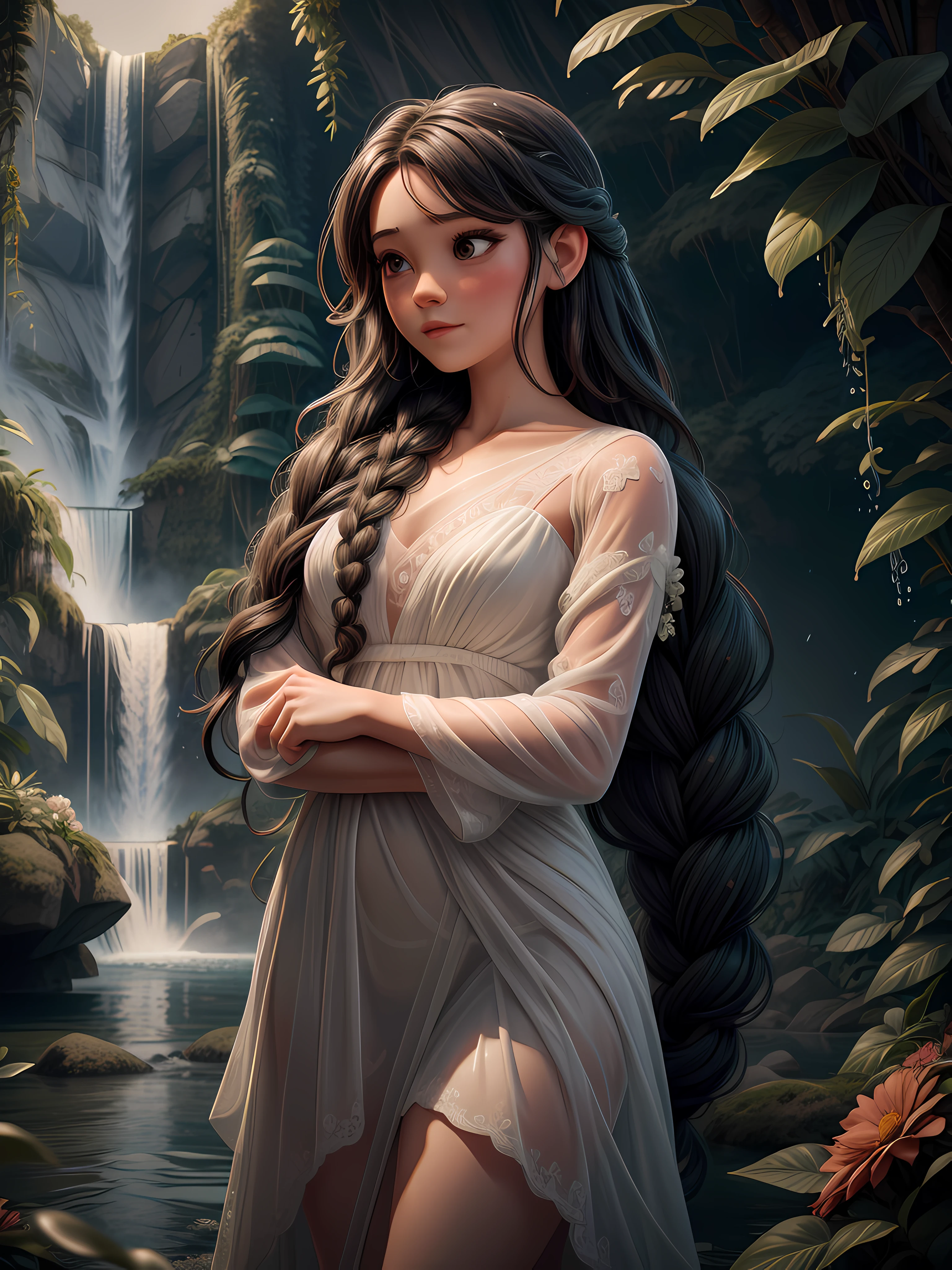 girl illustrate, girl in front of a waterfall, hugging flower bookey, wearing over long wet wedding dress, white wet wedding dress, curly black long hair, the two braids over long hair, 8k, RAW photo, best quality, masterpiece, high detail RAW color photo, dramatic lighting, cinematic lighting, professional lighting,