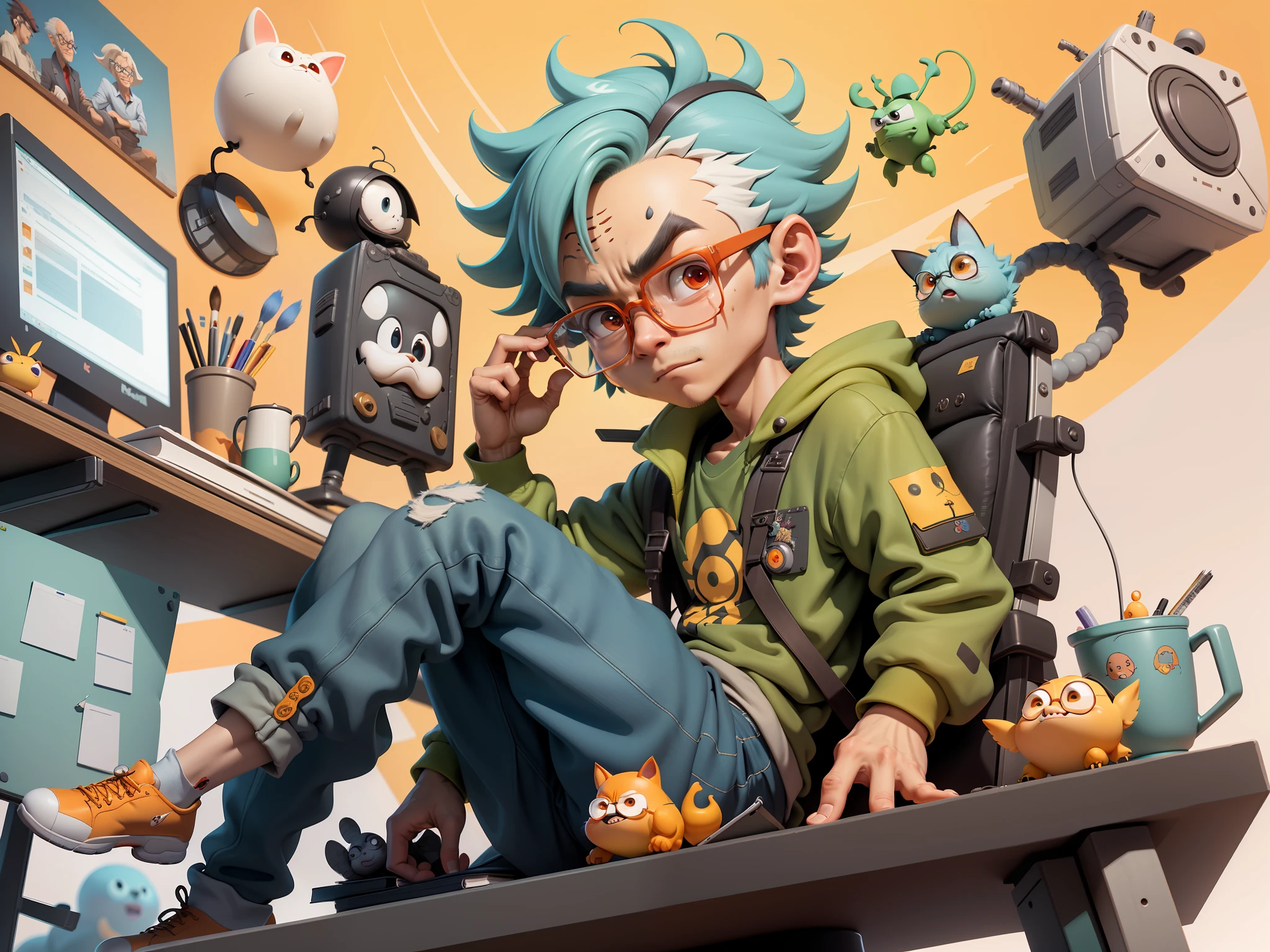 A young man with glasses sits at his desk,holding laptop,digitial painting,3D character design by Mark Clairen and Pixar and Hayao Miyazaki and Akira Toriyama,4K HD illustration,Very detailed facial features and cartoon-style visuals。