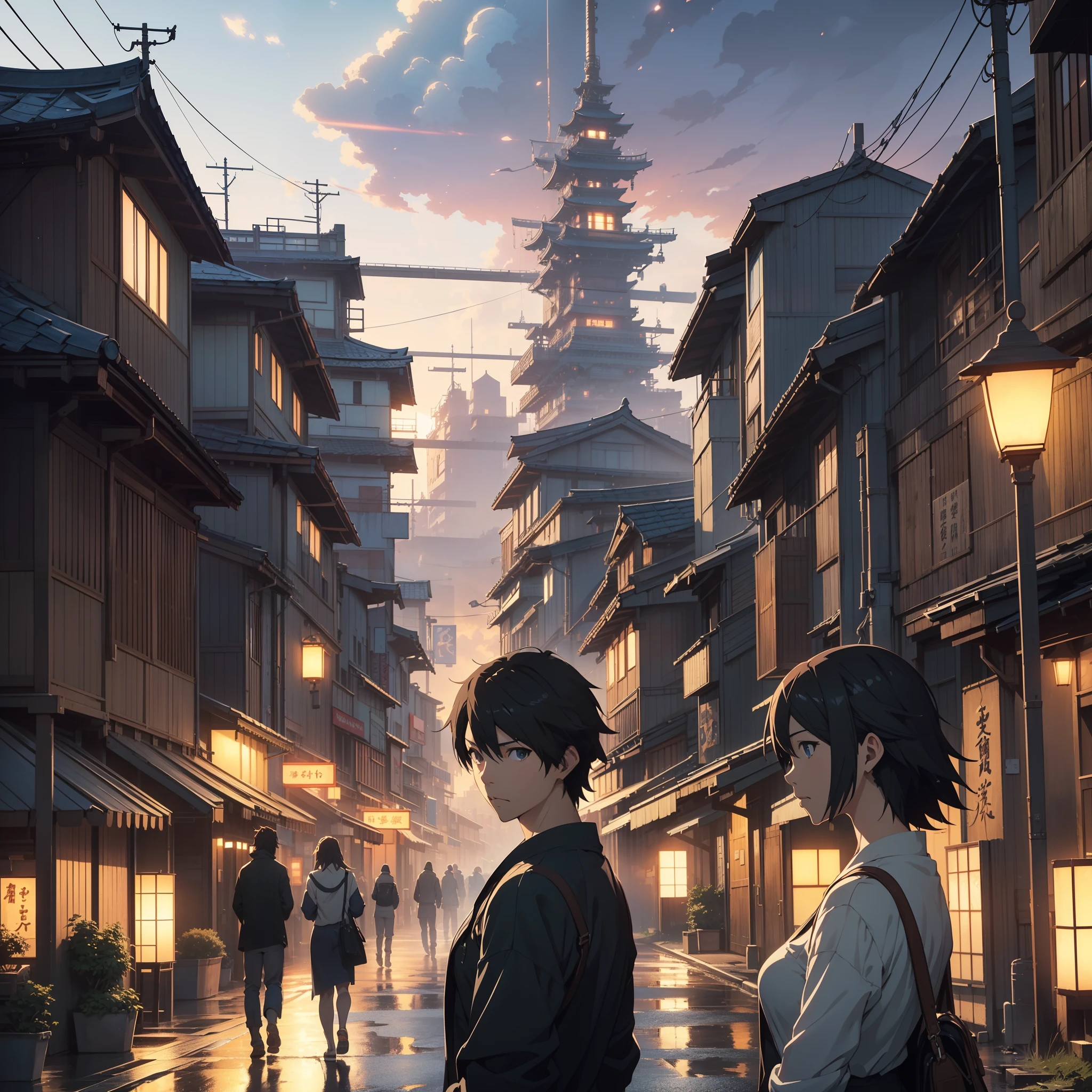 ((By makoto shinkai)),Greg rutkowski,close up shot, extremely detailed, ((masterpiece:1.4)), beautiful, ((landscapes)), Japan, bustling city, streets full of people,cloudy,8k,16k, HD, unparalleled masterpiece, dynamic lighting,best resolution,((cinematic)),((best quality)), dynamic angle, dynamic poses, epic,night,night lights