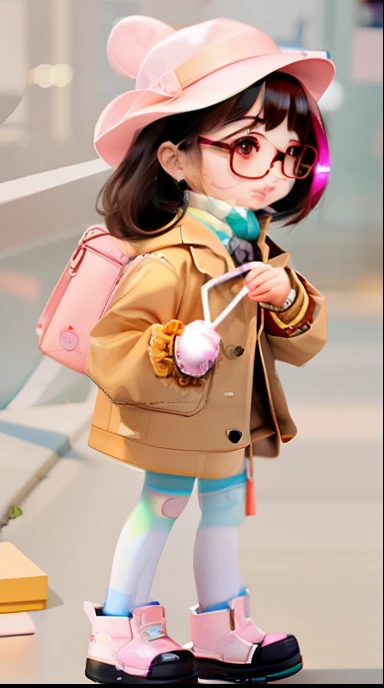 There is a doll with a hat and glasses, Guviz-style artwork, cute 3 d render, style of wlop, style of wlop, Cute detailed digital art, author：yanjun cheng, lovely digital painting, Female explorer mini cute girl, render of a cute 3d anime girl, high quality character design, Highly detailed character design