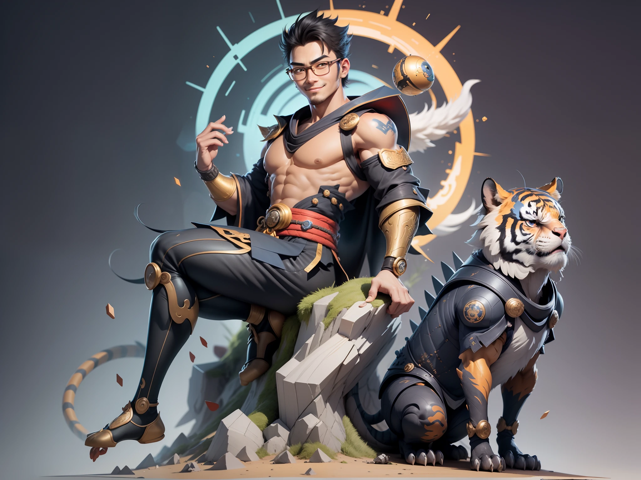 (Masterpiece), (Excellent), (Super Meticulous), (Full Body: 1.2), Super Young Man with Japanese Female Geisha, Pretty, Beautiful, Chinese Dragon, Tiger, Wind God Thor, Sexy, Bursting, Oriental Face, TV Anchor, Bust Portrait Illustration, Black Suit, Blue Tie, Slightly Chubby Face, Silver Glasses, Very Clean Face, No Beard on Chin, Black Super Short Hair, Black Eyes, Confident Smile, 3c Computer Sub-Products, iPad, iPhone, Digital Painting, 3D character design by Mark Clairedon and Pixar and Hayao Miyazaki and Akira Toriyama, the illustrations are HD illustrations in 4K resolution with highly detailed facial features and cartoon-style visuals.