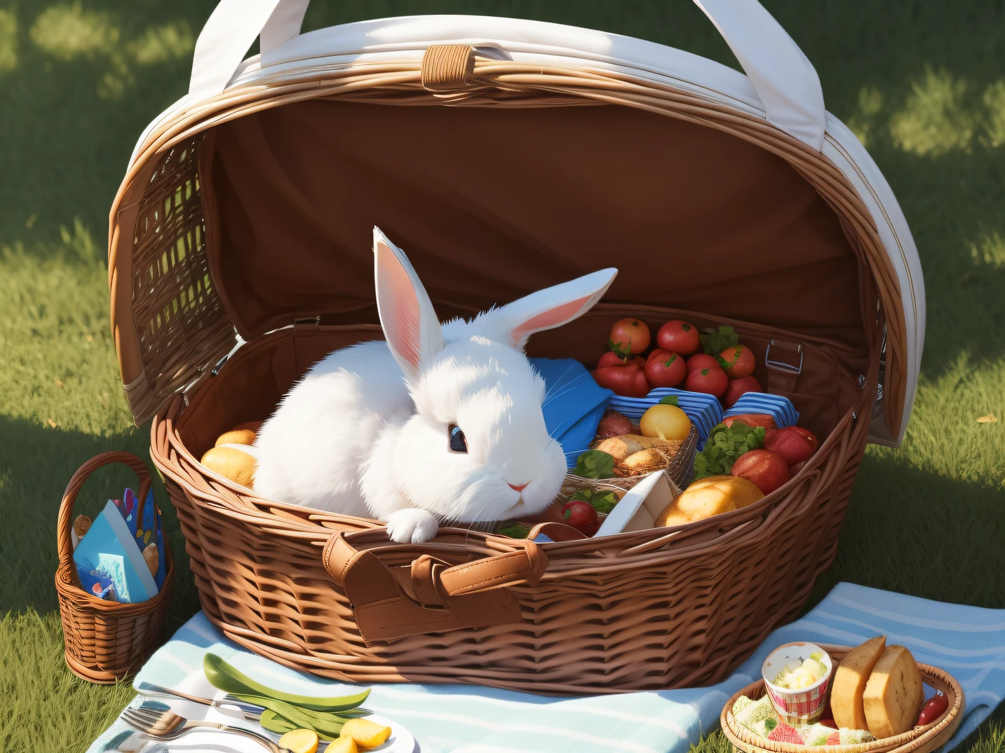 There was a pet rabbit in the basket,having picnic