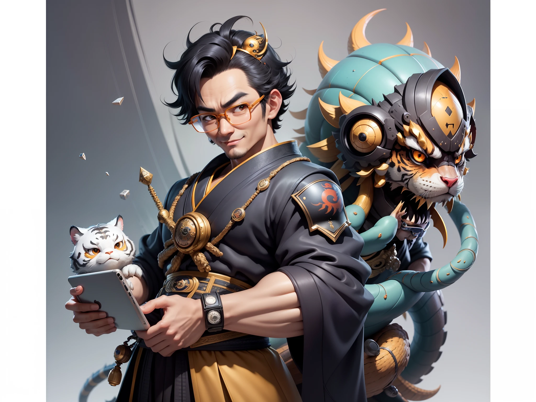 (Masterpiece), (Excellent), (Super Meticulous), (Full Body: 1.2), Super Young Man with Japanese Female Geisha, Pretty, Beautiful, Chinese Dragon, Tiger, Wind God Thor, Sexy, Bursting, Oriental Face, TV Anchor, Bust Portrait Illustration, Black Suit, Blue Tie, Slightly Chubby Face, Silver Glasses, Very Clean Face, No Beard on Chin, Black Super Short Hair, Black Eyes, Confident Smile, 3c Computer Sub-Products, iPad, iPhone, Digital Painting, 3D character design by Mark Clairedon and Pixar and Hayao Miyazaki and Akira Toriyama, the illustrations are HD illustrations in 4K resolution with highly detailed facial features and cartoon-style visuals.