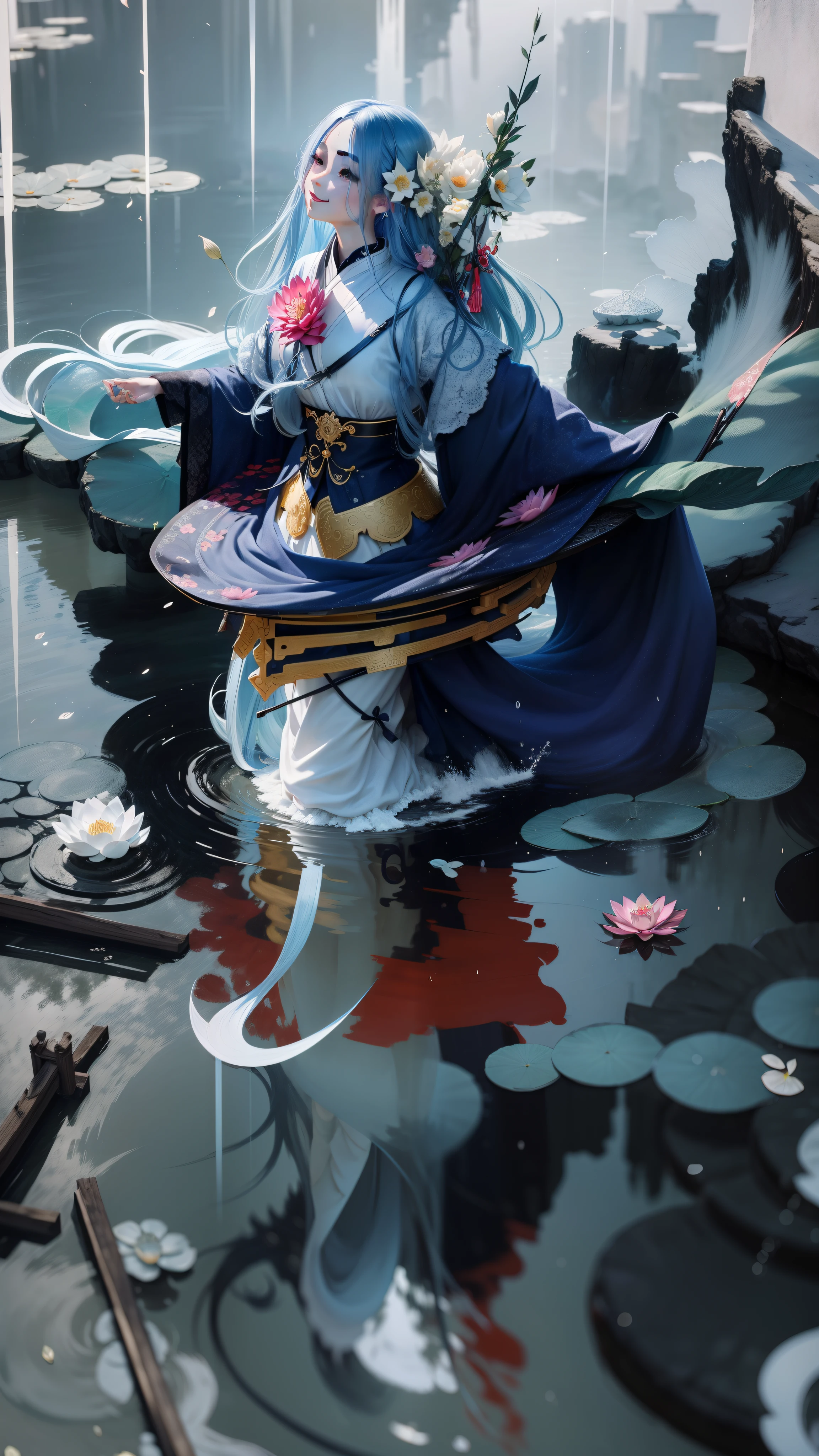 ((4k,masterpiece,best quality)), shuimobysim, traditional chinese ink painting, lotus, hanfu, maxiskit, dress conservatively 1girl, solo, long blue hair, smile, standing, feet in the water, barefoot,