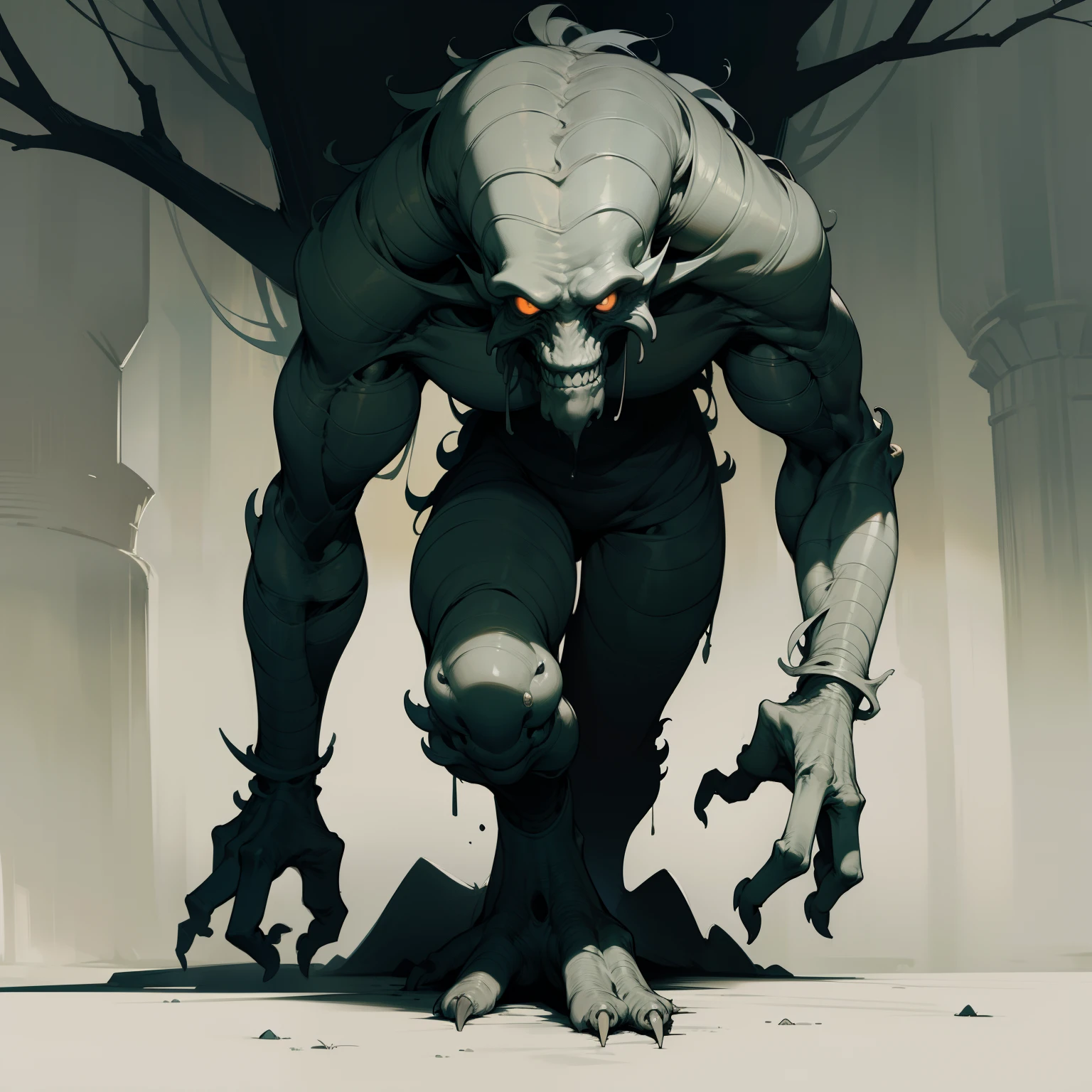 monster, Tree Monster, Tall stature, Resemblance to a person, human face, human anatomy, Dark background tones, dull tones, Gray tones, Location: Medieval City, on two legs, Top Quality, tmasterpiece,