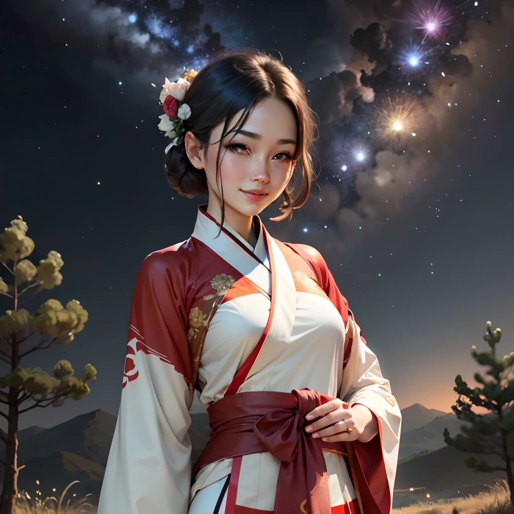 (masterpiece),best quality,good anatomy,shuimobysim,(1 girl:1),(The upper part of the body),(smile),short detailed hair,(hanfu),(ecchi0.5),(trees:0.5),(meteors：0.2) ,(rios:0.2),（New Moon：0.6）