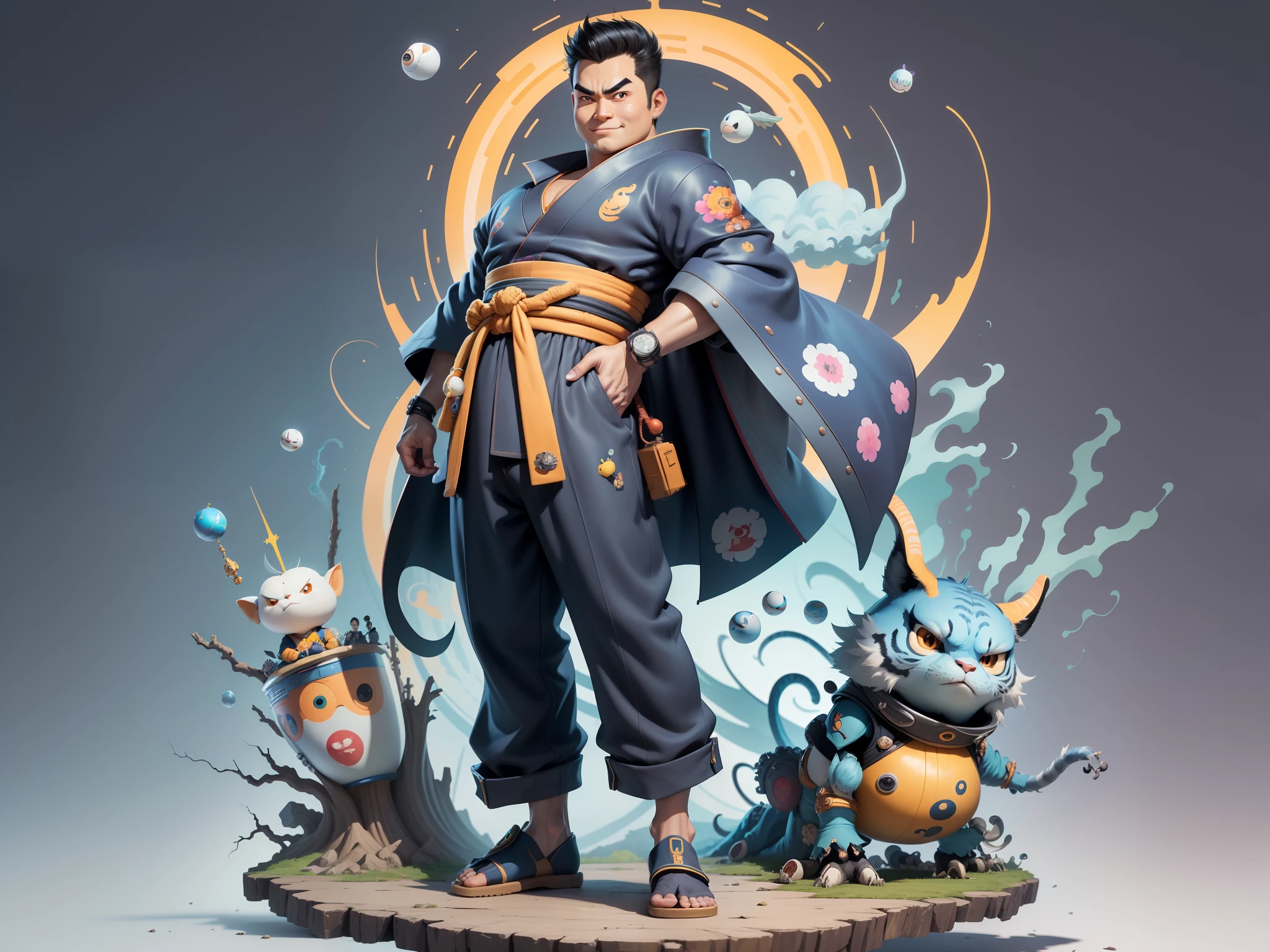 (Masterpiece), (Excellent), (Super Meticulous), (Full Body: 1.2), Super Young Man, Oriental Face, Japanese Kimono, Japanese Wind Thunder God, Dragon, Tiger, TV Anchor, Bust Portrait Illustration, Alone, Black Suit, Blue Tie, Slightly Chubby Face, Very Clean Face, No Beard, Black Super Short Hair, Black Eyes, Confident Smile, 3c Computer Sub-Products, iPad, iPhone, Digital Painting, 3D Character Design by Akira Toriyama and Mark Claireden and Pixar and Hayao Miyazaki, The illustration is a high-definition illustration in 4K resolution with very detailed facial features and cartoon-style visuals.