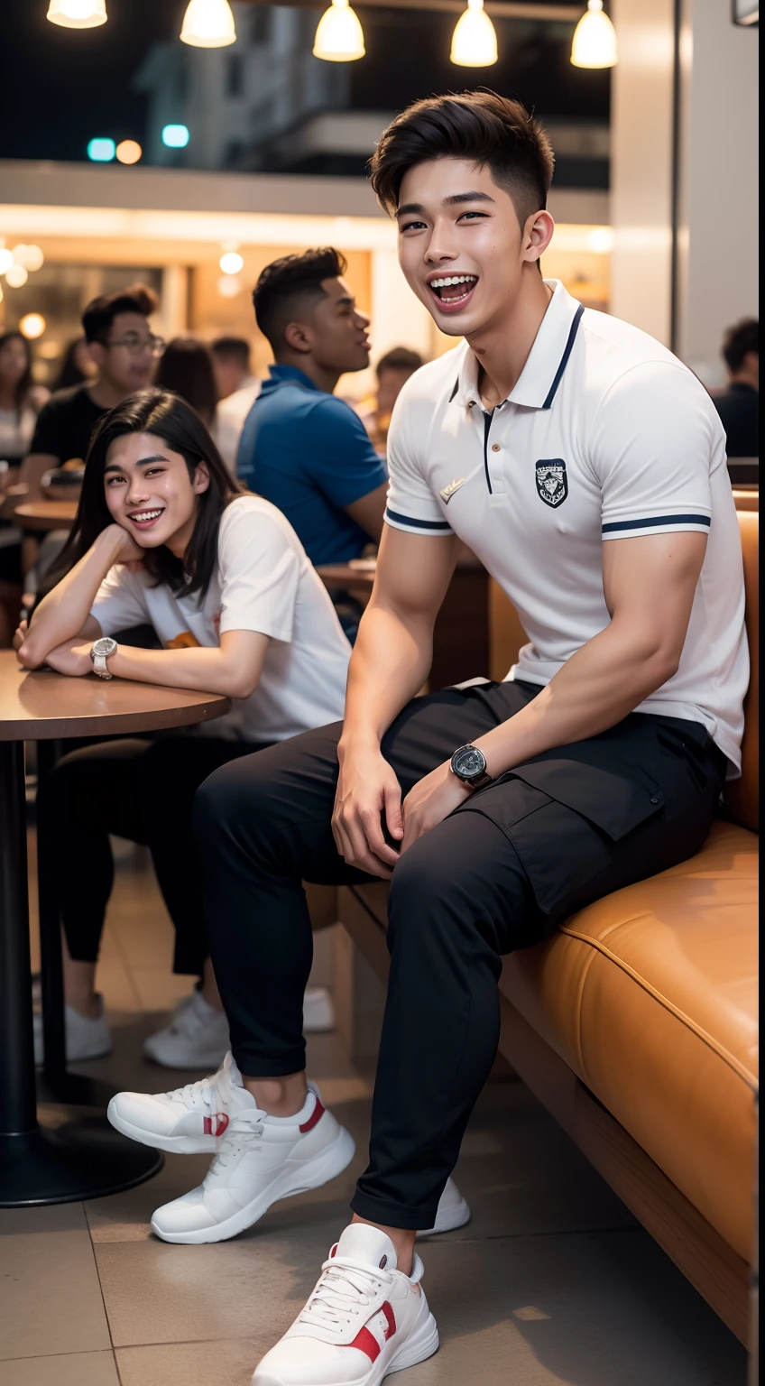 Malay teen boy (fattah amin:1.2) age 23 years old wearing polo shirt and cargo pants seating and laughing with friends in the busy crowded cafe, skinny boy, short, handsome, small muscle, dark skin, detail skin texture, realistic skin, white sneakers, nighttime, people in cafe background, blur background,