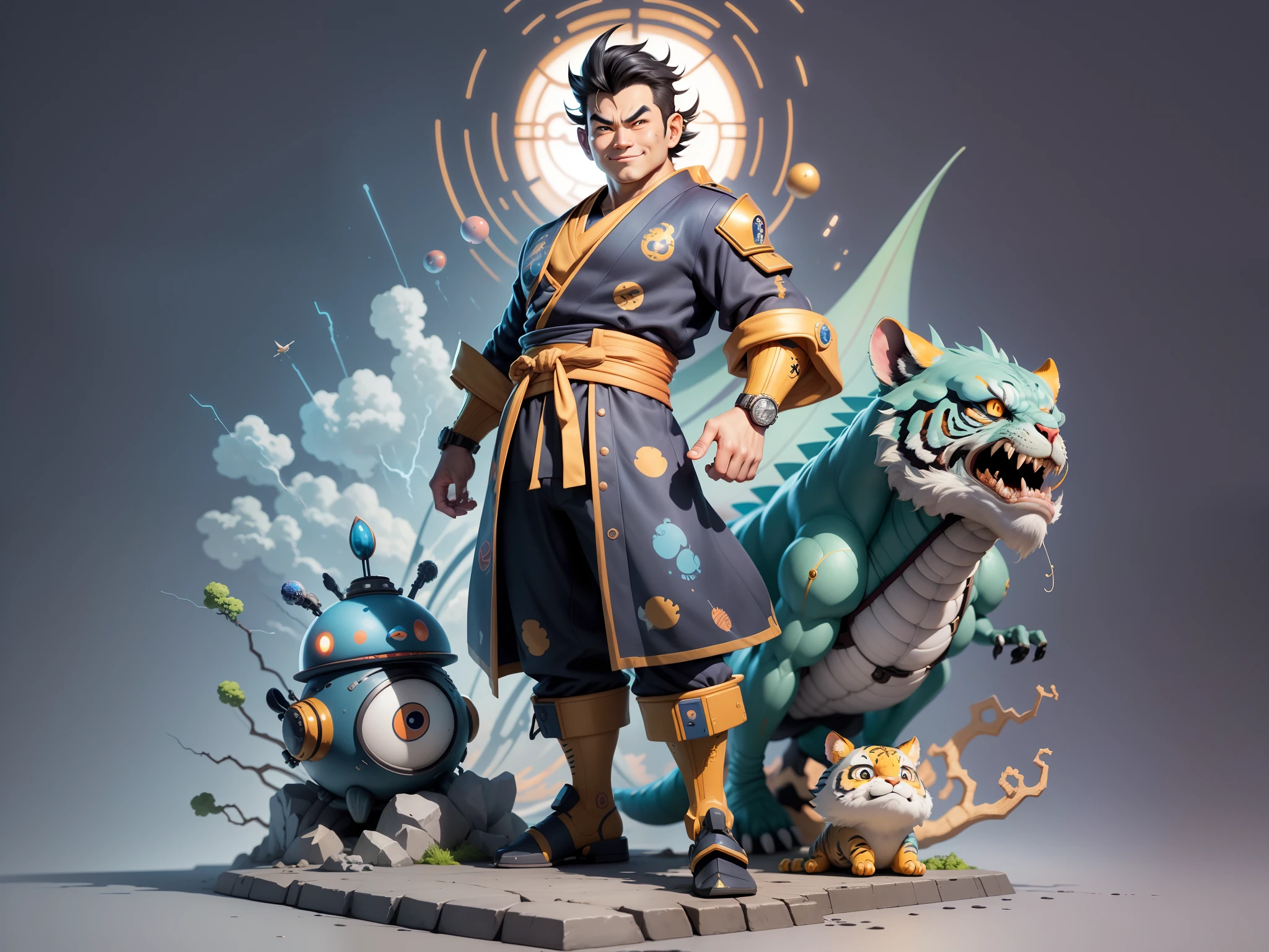 (Masterpiece), (Excellent), (Super Meticulous), (Full Body: 1.2), Super Young Man, Oriental Face, Japanese Kimono, Japanese Wind Thunder God, Dragon, Tiger, TV Anchor, Bust Portrait Illustration, Alone, Black Suit, Blue Tie, Slightly Chubby Face, Very Clean Face, No Beard, Black Super Short Hair, Black Eyes, Confident Smile, 3c Computer Sub-Products, iPad, iPhone, Digital Painting, 3D Character Design by Akira Toriyama and Mark Claireden and Pixar and Hayao Miyazaki, The illustration is a high-definition illustration in 4K resolution with very detailed facial features and cartoon-style visuals.