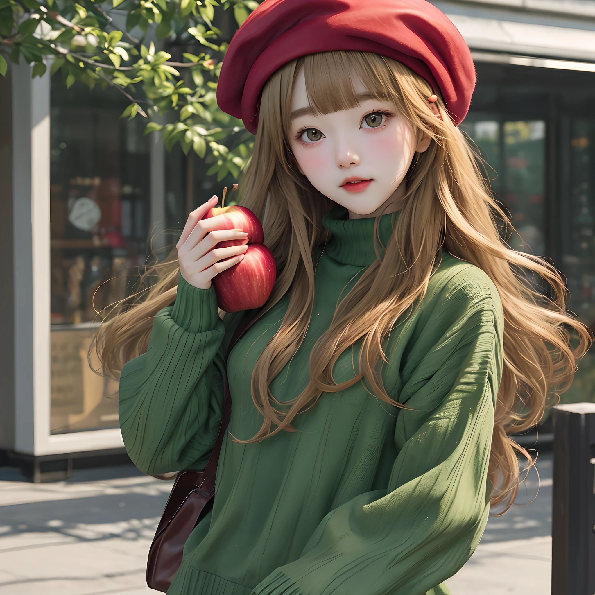 a blond、brown-eyed、Red beret、Green sweater、Holding apples、With bangs、teens girl、Long、Hair winding