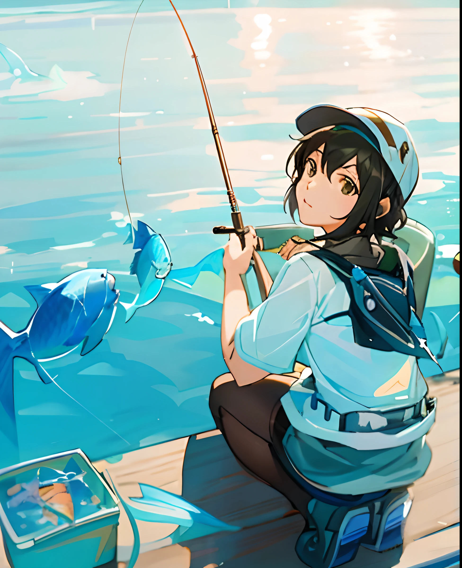 Anime girl fishing with fish on a ledge, By Shinkai Makoto!!, makoto shinkai art style, By Shinkai Makoto!, Shinkai Makoto style, By Shinkai Makoto. a digital rendering, in the style of makoto shinkai, Makoto Shinkai and ArtGerm, Official art, By Shinkai Makoto ( Apex Legends )