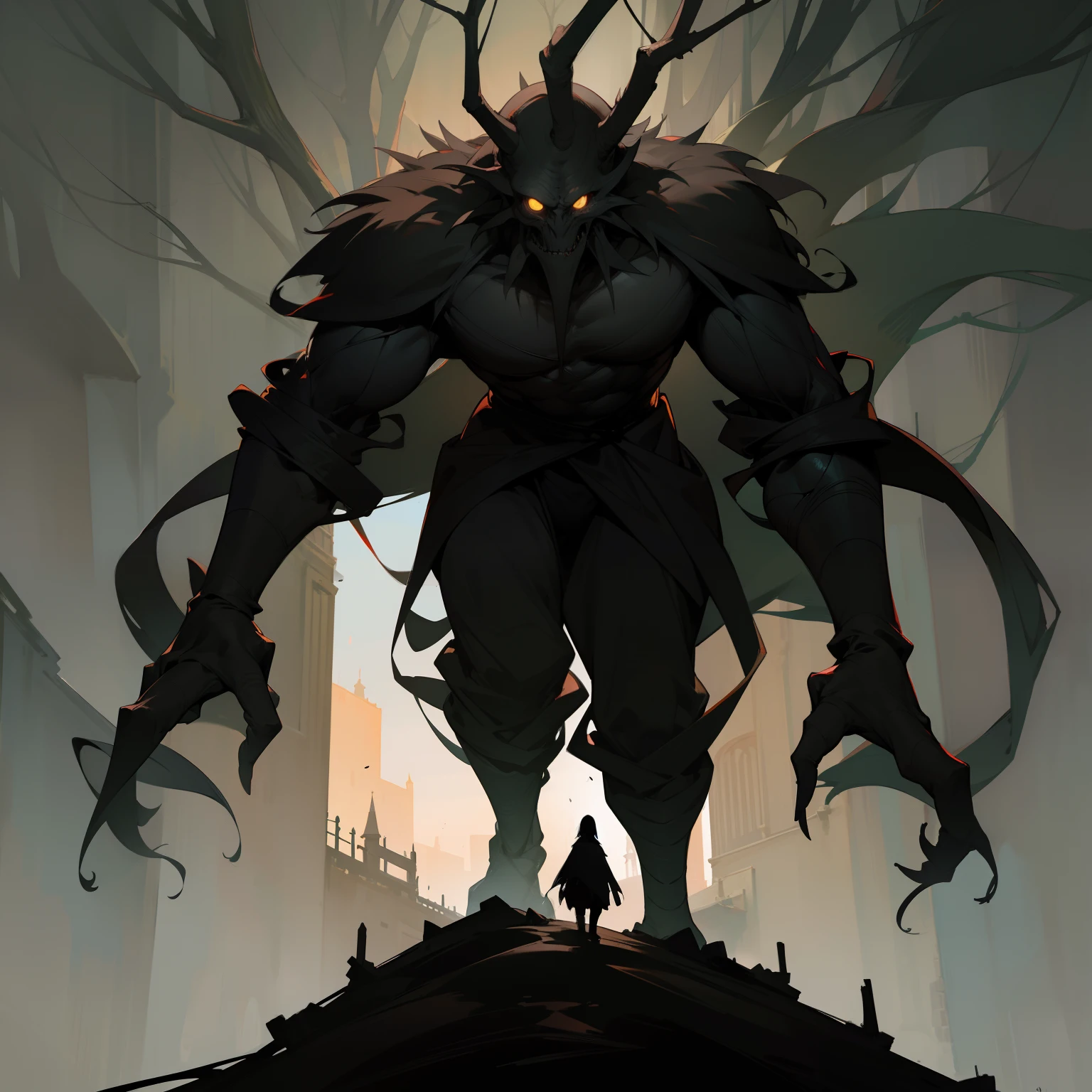 monster, Tree Monster, Tall stature, Resemblance to a person, human face, human anatomy, Dark background tones, dull tones, Gray tones, Location: Medieval City, on two legs, Top Quality, tmasterpiece,