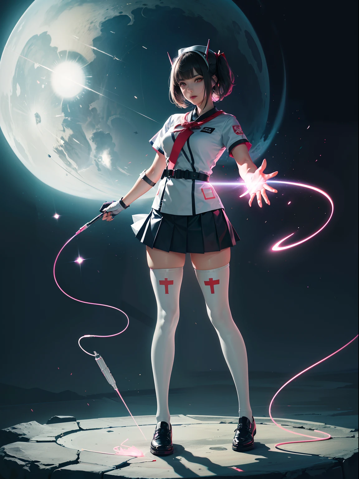 (full body:1.5),(1girl:1.3),(looking at viewer:1.4),(anatomy correct:1.3),(Wearing Ultraman style nurse suit JK uniform printed Ultra short pleated skirt and JK uniform leather shoes with bow decoration ,and Very thick Printed ta Pantyhose :1.35), (Light particle effect:1.3),(In pink | amarelo | blue colors| green color |red colors | white colors| black in color| purpleish color| greys| Beige| Flesh color 1.4),(Glowing eyes:1.3),(Large amplitude action: 1.3),(Accurate and perfect face:1.4),(Clothing Gloss:1.25),(Skin reflection:1.25),hyper HD, Ray traching, reflective light,structurally correct, Award-Awarded, high detal, lightand shade contrast, Face lighting,cinmatic lighting, tmasterpiece, super detailing, high high quality, high detal, best qualityer, 16k,high contrast,