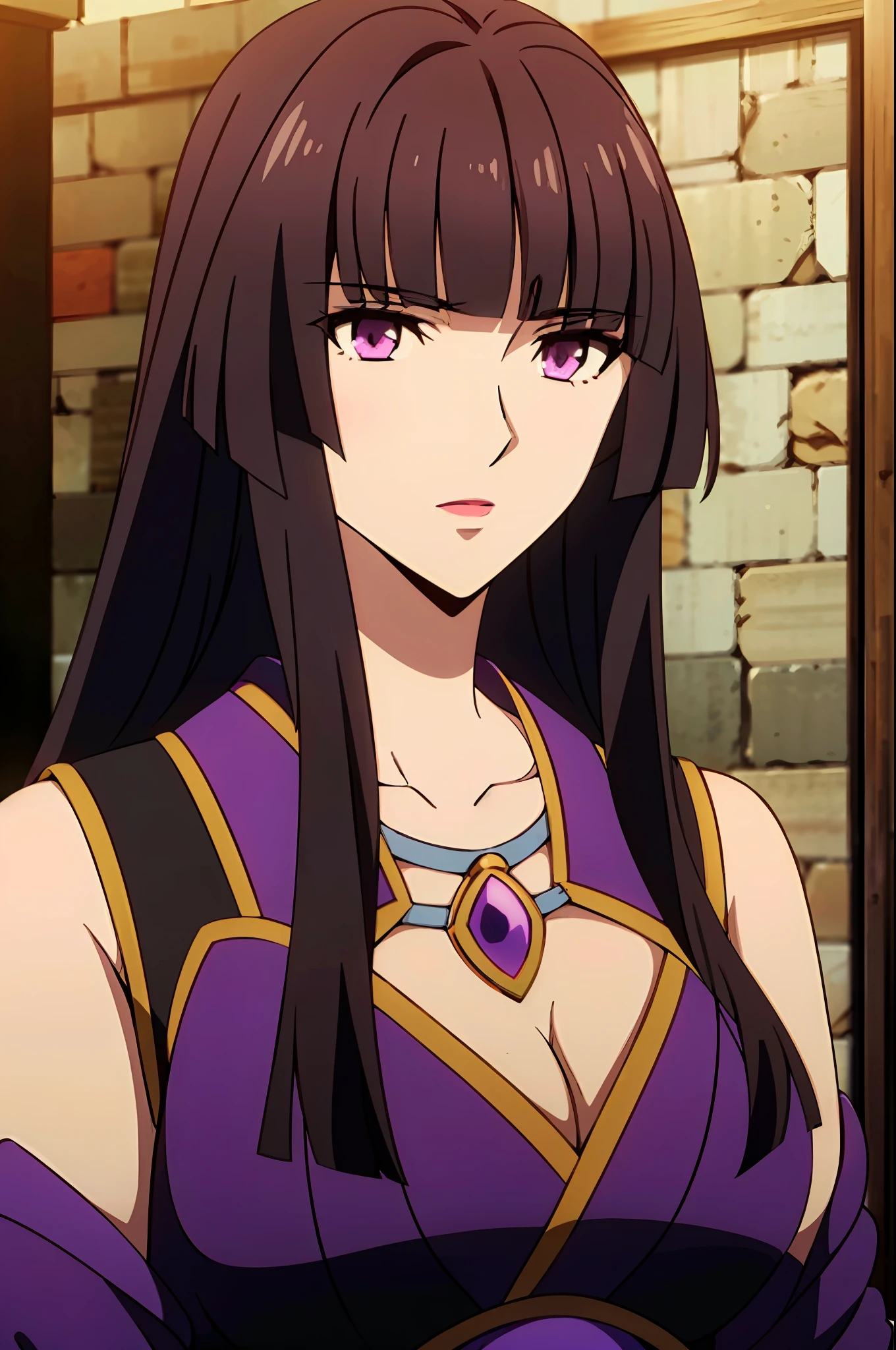 glass, 1girl, solo, long hair, bangs, black hair, purple eyes, looking at viewer, upper body, blunt bangs, kimono, lipstick, hime cut, close up, ((masterpiece)), ((best quality)), ((high detailed illustration)), ((high detailed background)), ((realistic lighting))