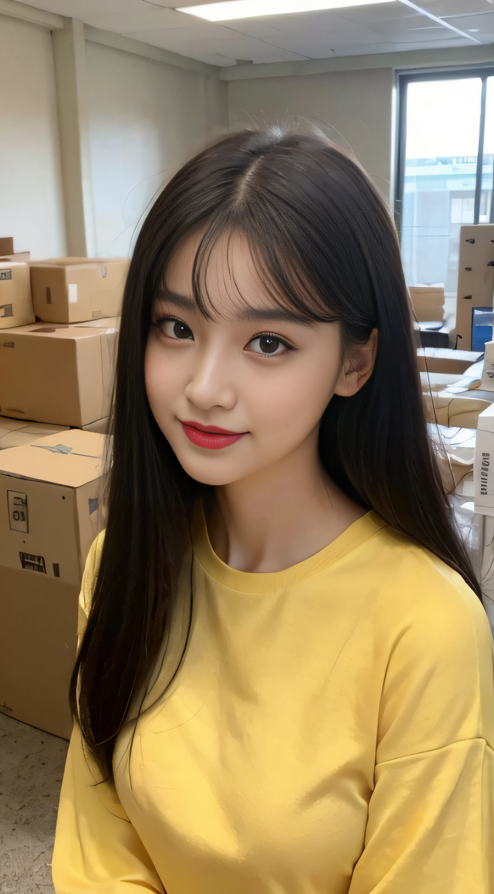 Best quality, 16K, masterpiece 1:2. A beautiful girl with yellow Tshirt, jeans (Alluring figure), black hair, brown eyes, Her eyes shine, interact with the light, and reflect joy in her gaze., high nose, luscious red lips, and a captivating smile. many boxes and packet in the ground. She is in the Post office. Upper body, masterpiece, superlative, (realism: 1.7), high resolution, long hair, round face, packages, boxes, hanstyle, hanfu