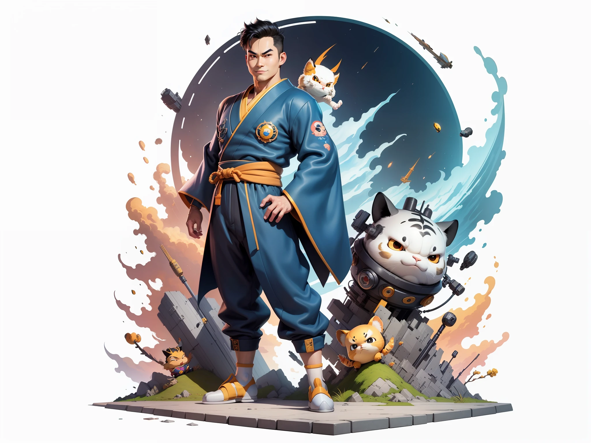 (Masterpiece), (Excellent), (Super Meticulous), (Full Body: 1.2), Super Young Man, Oriental Face, Japanese Kimono, Japanese Wind Thunder God, Dragon, Tiger, TV Anchor, Bust Portrait Illustration, Alone, Black Suit, Blue Tie, Slightly Chubby Face, Very Clean Face, No Beard, Black Super Short Hair, Black Eyes, Confident Smile, 3c Computer Sub-Products, iPad, iPhone, Digital Painting, 3D Character Design by Akira Toriyama and Mark Claireden and Pixar and Hayao Miyazaki, The illustration is a high-definition illustration in 4K resolution with very detailed facial features and cartoon-style visuals.