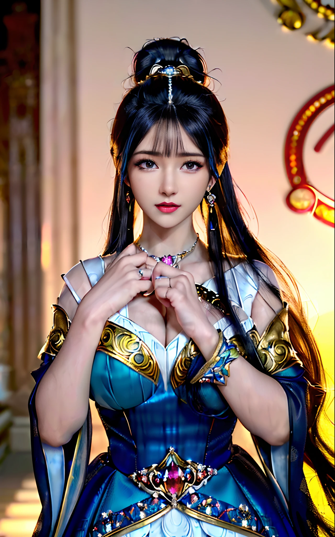 ((realisticity: 1.2)), ((realistic: 8K UHD)), ((best resolution: 8K UHD)), hyper detailed, best quality,masterpiece,highres,cg, ((1 girl hyper detailed and hyper realistic) ) , ((beautiful queen, hyper realistic and hyper detailed)),((white skin, beautiful, smooth, youthful, hyper realistic and hyper detailed )), ((Face hyper beautiful, white, hyper realistic and hyper detailed ) ), long hair, ((hyper realistic and hyper detailed dress)), solo, ((hyper realistic, hyper beautiful, beautiful and hyper detailed jewelry)), ((hyper beautiful deep red and golden yellow dress, hyper realistic and hyper detailed )) , ((Her pretty, hyper realistic, hyper detailed diamond filled earrings)), ((Her gorgeous diamond haircut, hyper realistic and hyper detailed)), ((hyper pretty upper body, hyper beautiful, hyper realistic and hyper detailed) ), ((medium breast: 1.5)), ((hyper realistic, hyper pretty, hyper detailed boobs)), ((the backgroun of the royal palace is hyper majestic, hyper realistic and hyper detailed)),((hands and palms hyper beautiful, hyper detailed, hyper realistic)), ((fingers: pinky finger, index finger, ring finger, middle finger, and thumb hyper realistic, hyper detailed, hyper beautiful)), ((hyper pretty, hyper pretty, hyper realistic and hyper detailed hair bun)), ((hyper pretty , hyper realistic and hyper detailed blue hair)), candid, Photo, high resolution, 8k , bokeh,