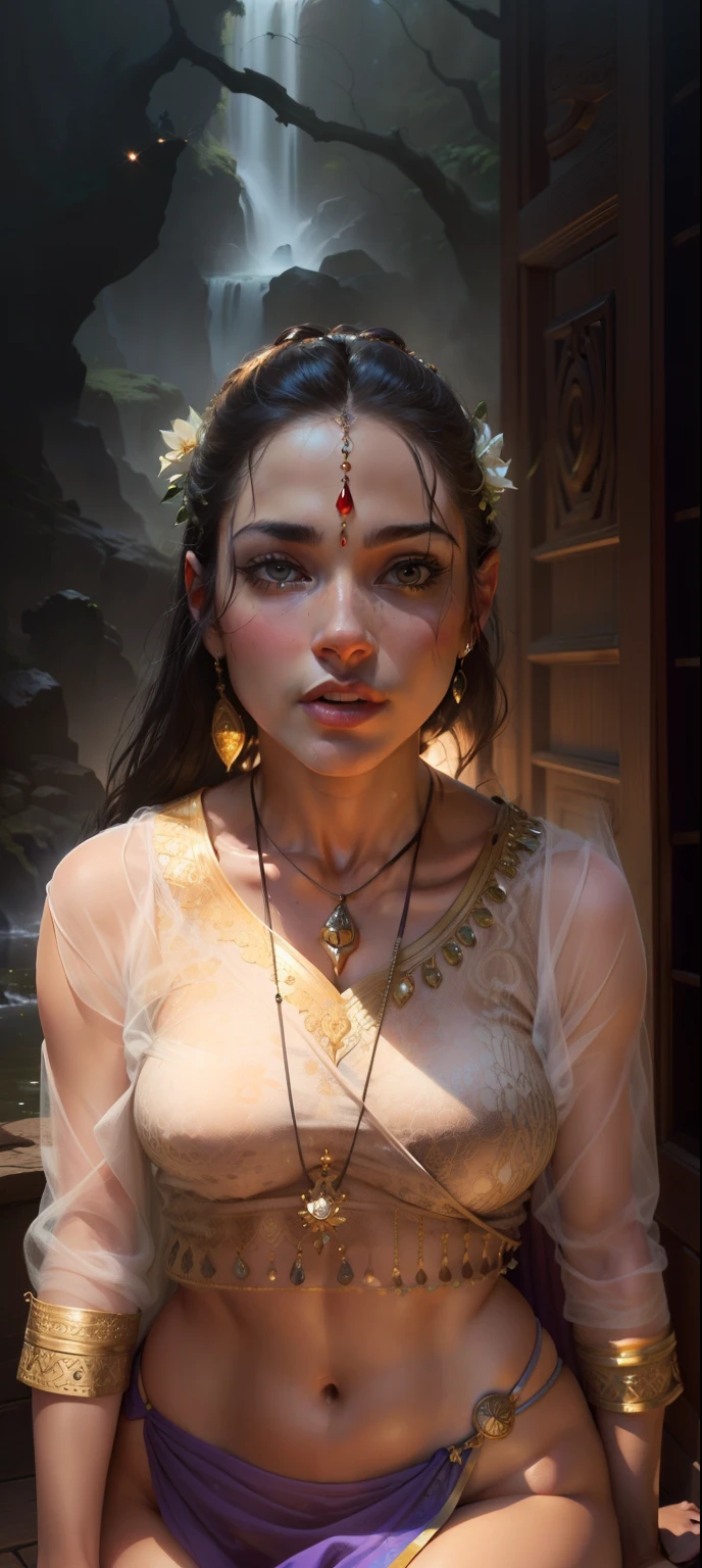 ((realistic:1.5)),((best quality)), ((masterpiece)),((detailed)), (1girl), {a beautiful female wearing a Sari}, (upper body:1.3),super-wide-angle lens,face focus, mature,sexy,toned muscles,long legs,curvy, barefoot, oversized firm breasts, open cleavage, drooping breasts, thick thighs,wide hips, thin legs, green eyes,long black hair,floting hair,long eyelashes, (detailed face,beautiful eye, detailed pupilss,detailed clothes features, clear background:1.3), (Bindi,Jhumkas:1.3), (Armlet, Haar, Payal,Maang Tikka,Jhumkas,Kamarband,Bangles:1.3), mysterious ancient ruin, lush forests, deep canyons,bridge,river,cliff,cloud, lakes,rock,waterfalls, flowers, grass, fog,vine,tree, smoke, best shadow,bright details,sharp,perfect composistion, Intricate, Sharp focus, dramatic, by Frank Frazetta,by Julie Bell,by Olivia De Berardinis,by Luis Royo,by boris vallejo, (specular lighting:1.3),rim light, princesses, playing, princesses playing with water, royal skimpy underwear, random royal color, laying on the floor, spooning her friend, hand on underwear, thirsty face, erotic face, lips open, almost undressed, underwear slid down, attended by servants, armed bodyguard, servant, gasping, breathing hard, fist clenched, visible slit, wet princess, princess with subjects