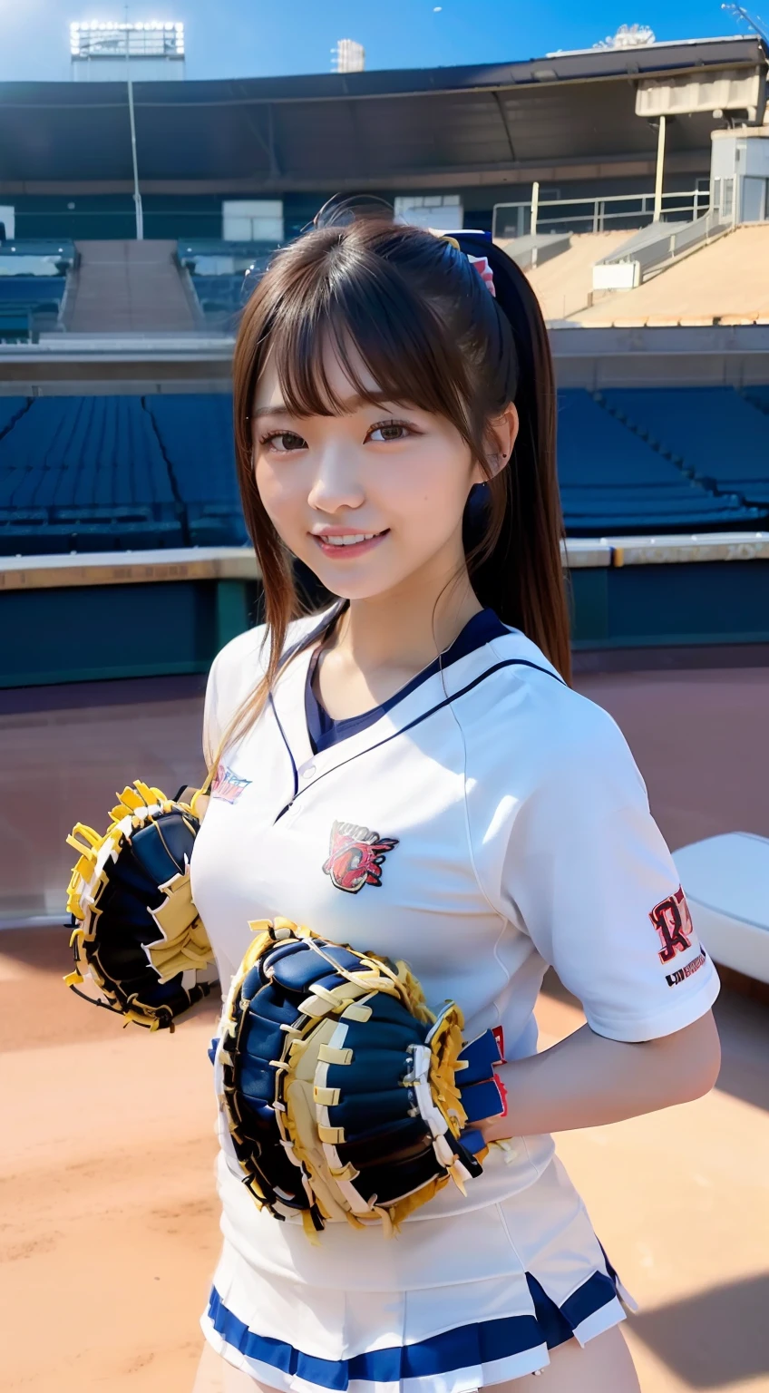((top-quality,8K,photographrealistic:1.4,masutepiece)),Back lighting, A cute Japanese woman, sixteen years old,(((cheerleaders:1.2))),((Baseball stadium seating background:1.2)),raise leg, Y-shaped balance, Black eye, Smile, A dark-haired,