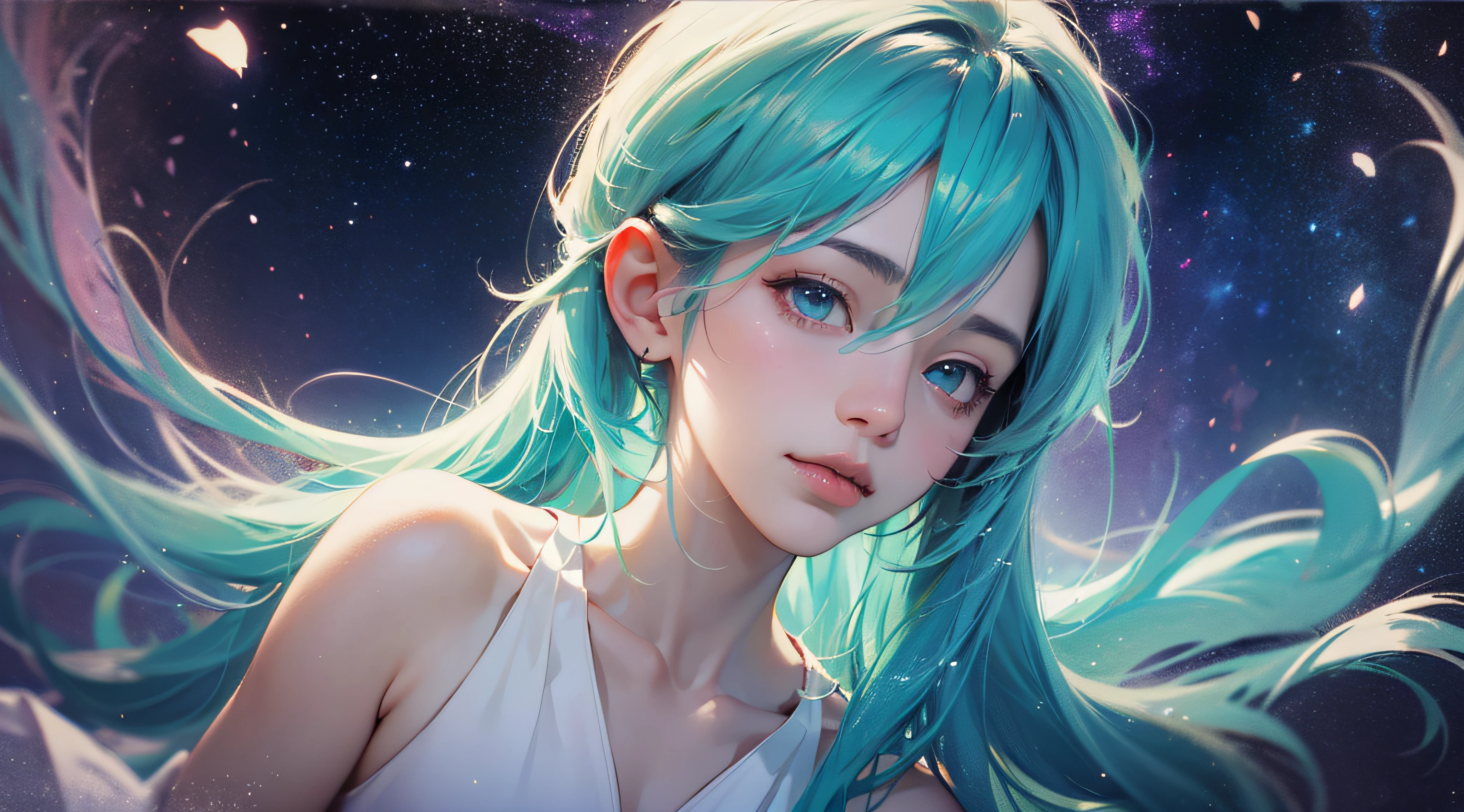 hatsune miku, white dress, aquamarine hair, aquamarine eyes, soothing tones, muted colors, high contrast, (natural skin texture, hyperrealism, soft light, sharp), starry sky, moonlight, 1 girl