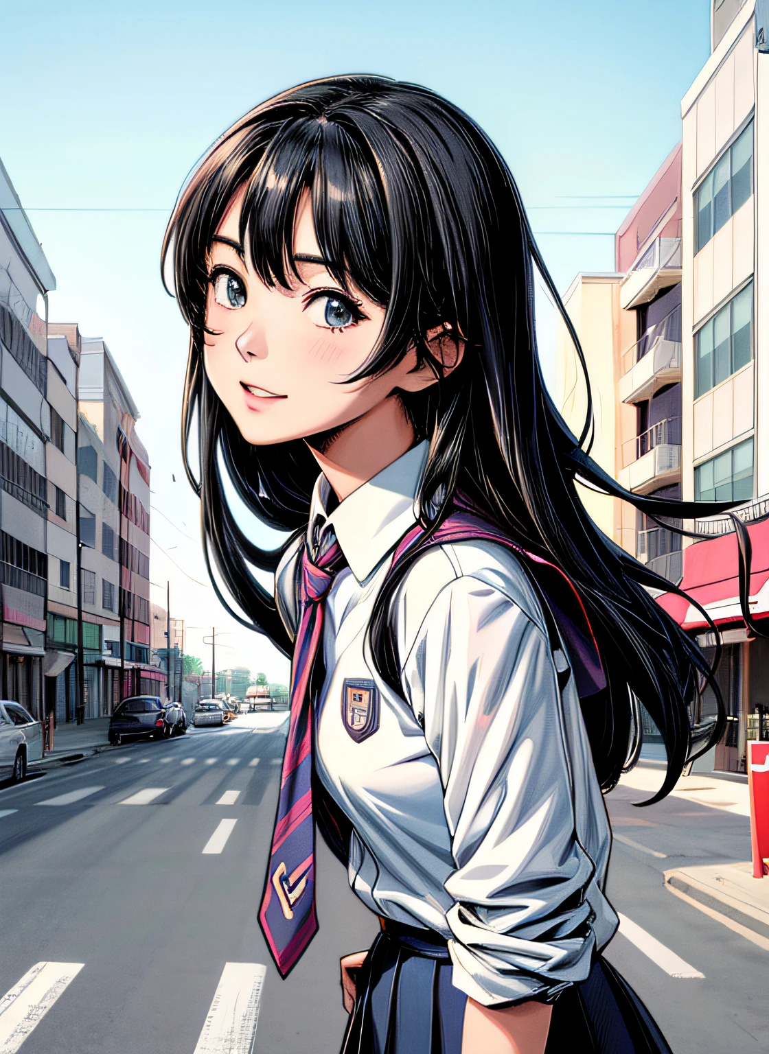 actionpose、Overflowing、cheerfully、(Manga style)、(linear art_Anime)、(PastelColors_strong contrasts)、小柄,Solo_girl, masterpiece, top-quality, beautifully drawn, ighly detailed, Aesthetic painting, (Lora Add Details:1.0),hi-school girl、Straight hair、jaket、Business suits、neck tie、Background of the building district