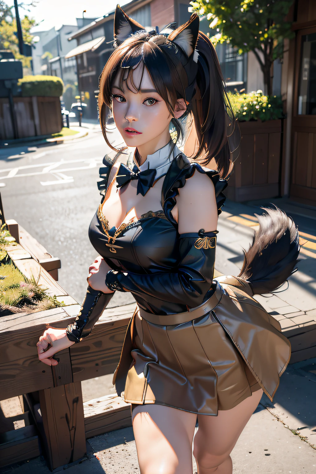 Masterpiece, best quality, Ultra Detailed, RAW Photo, (Photorealistic:1.4), HSR Tingyun, 1girl, solo, bangs, (fox ears), medium breasts, clothing cutout, cleavage cutout, animal ears, fox girl, brown dress, ponytail, bowtie, dress, (bracelet), jewelry, cleavage, detached sleeves, (blue bracelet), white sleeves, shirt, sleeveless shirt, gold trim, brown dress, (tail, fox tail), earrings, dynamic angle, outdoor deep forest,